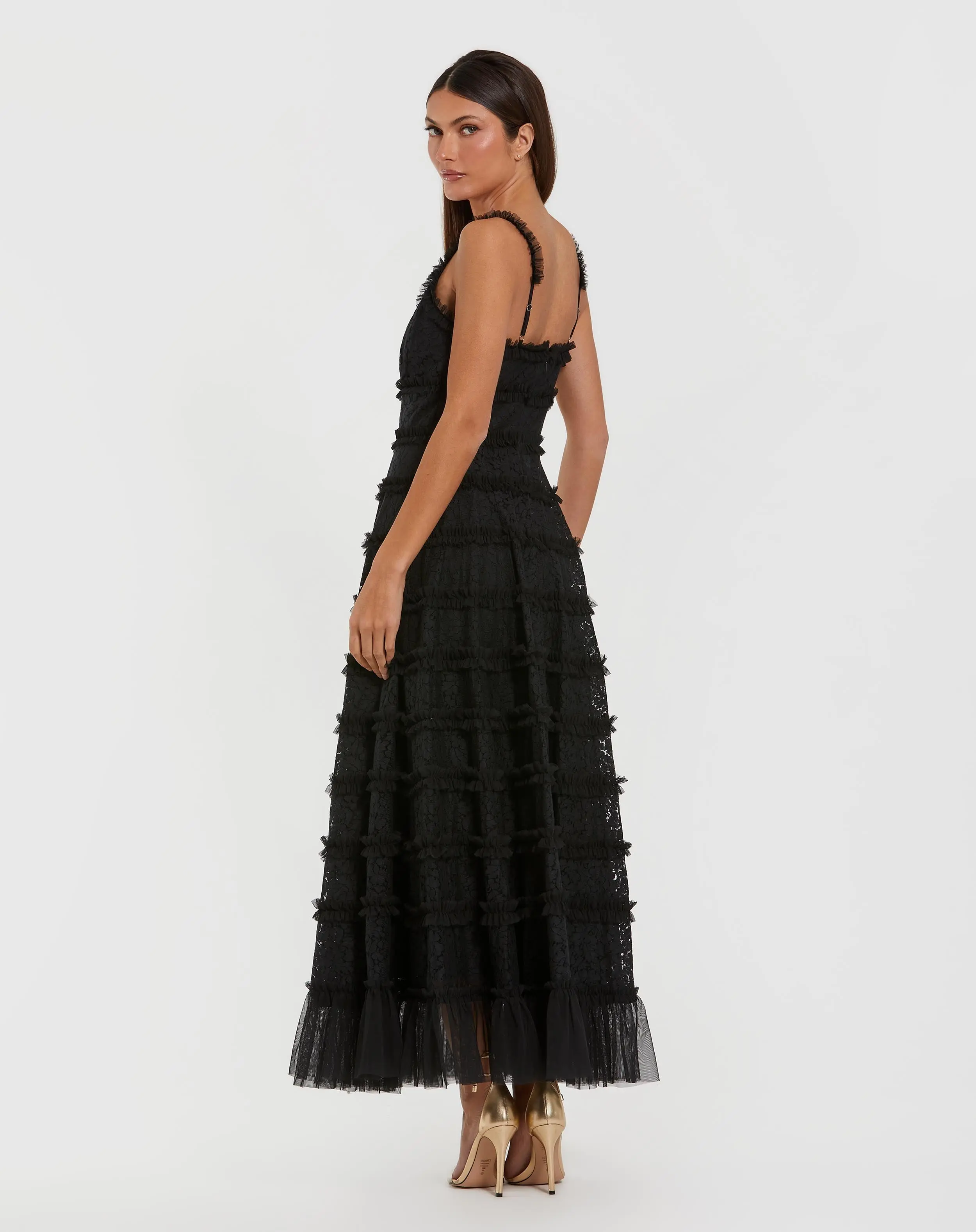 Black Sleeveless Lace A Line Midi Dress With Ruffles - Image 3