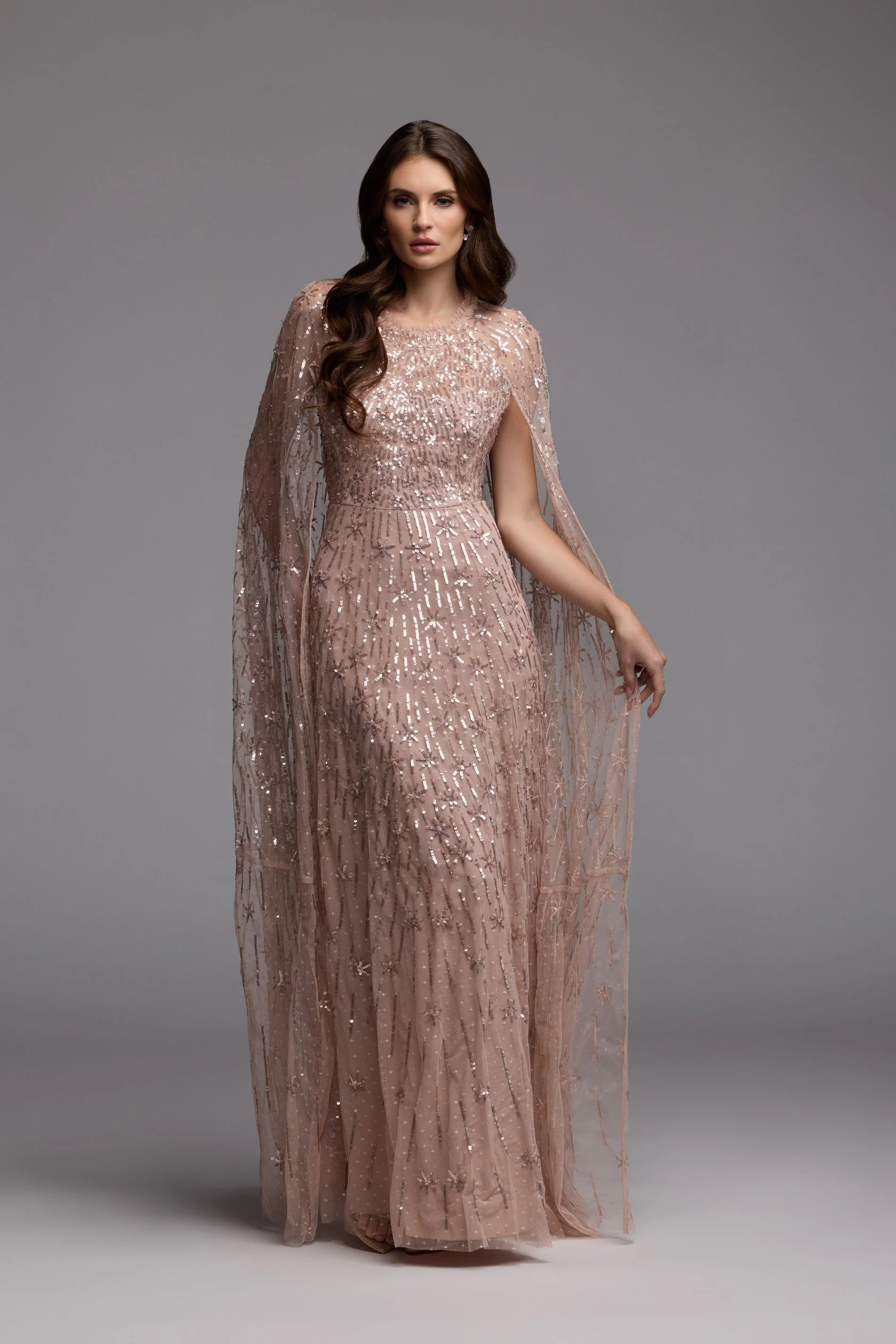Pink Embellished High Neck Gown With Cape Sleeves - Image 4