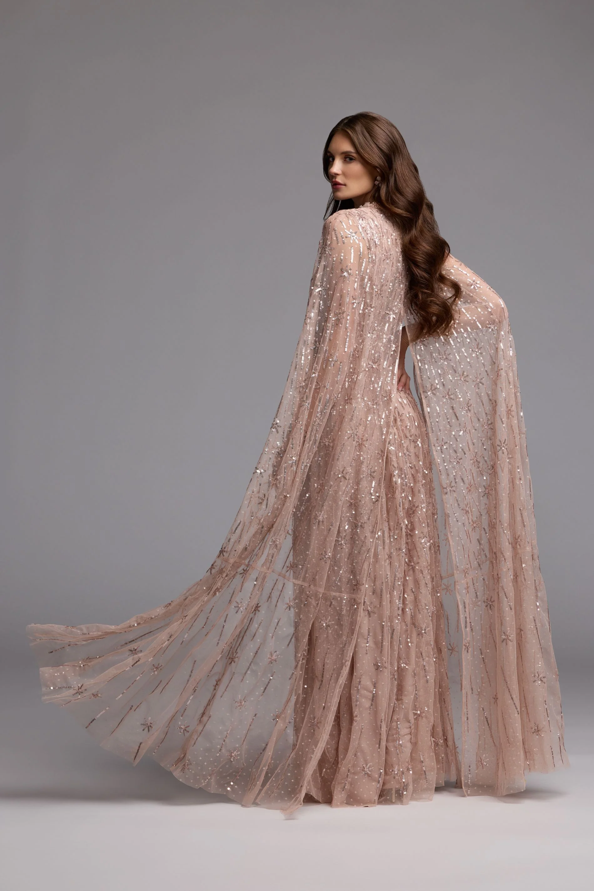 Pink Embellished High Neck Gown With Cape Sleeves - Image 6