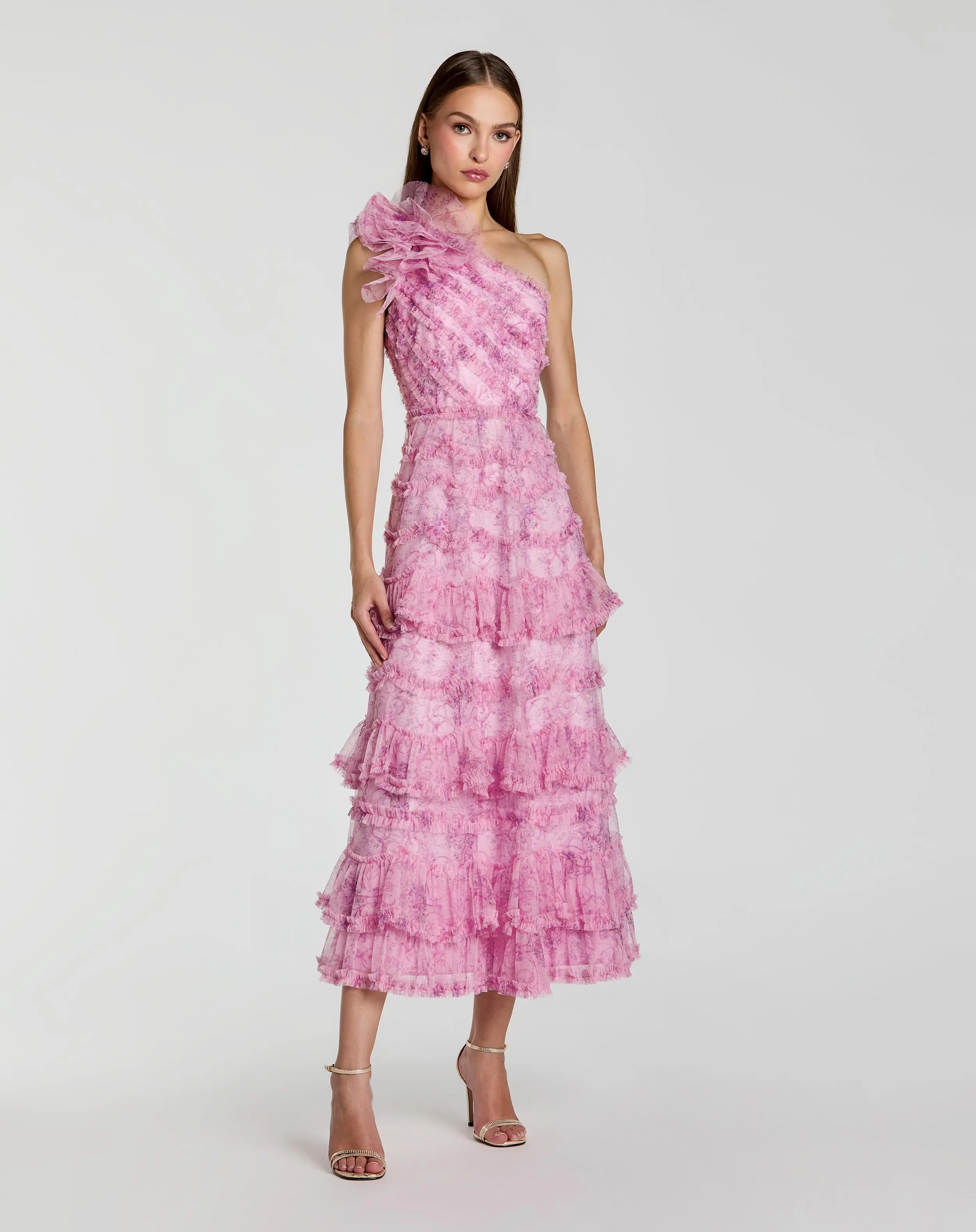 Pink Printed One Shoulder Ruffled A Line Midi Dress