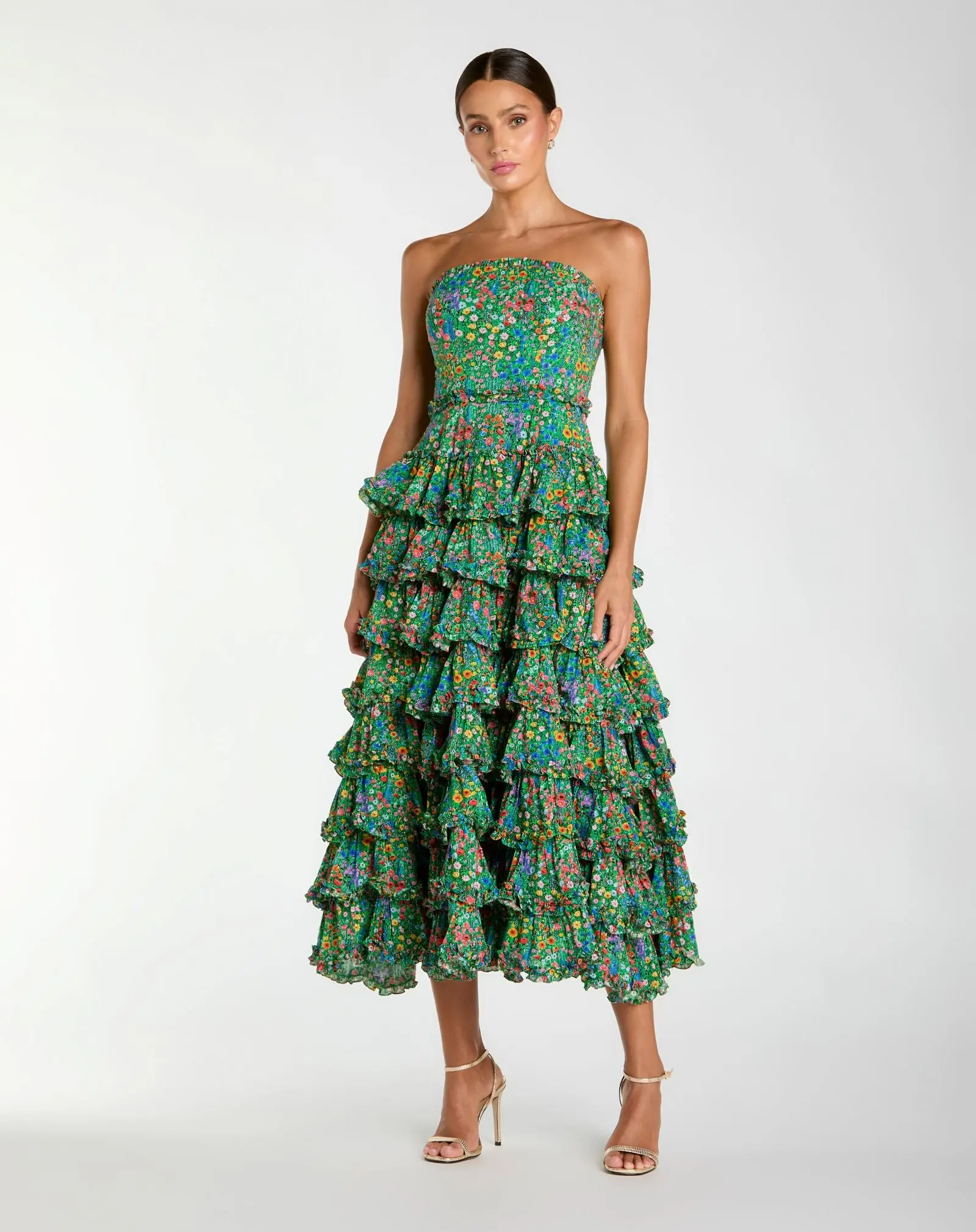 Green Strapless Floral Cotton Ruffle Midi Dress