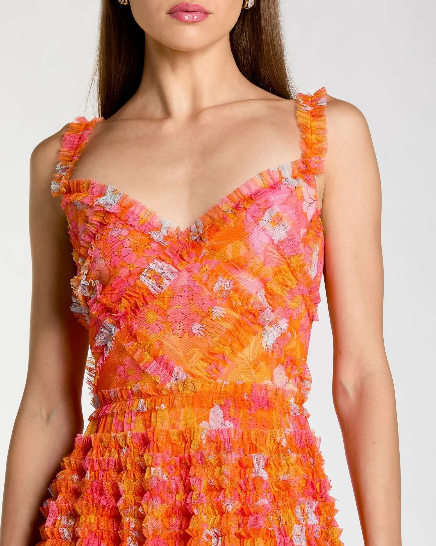 Orange Sleeveless Floral Ruffle A-Line Maxi Dress - Image 2