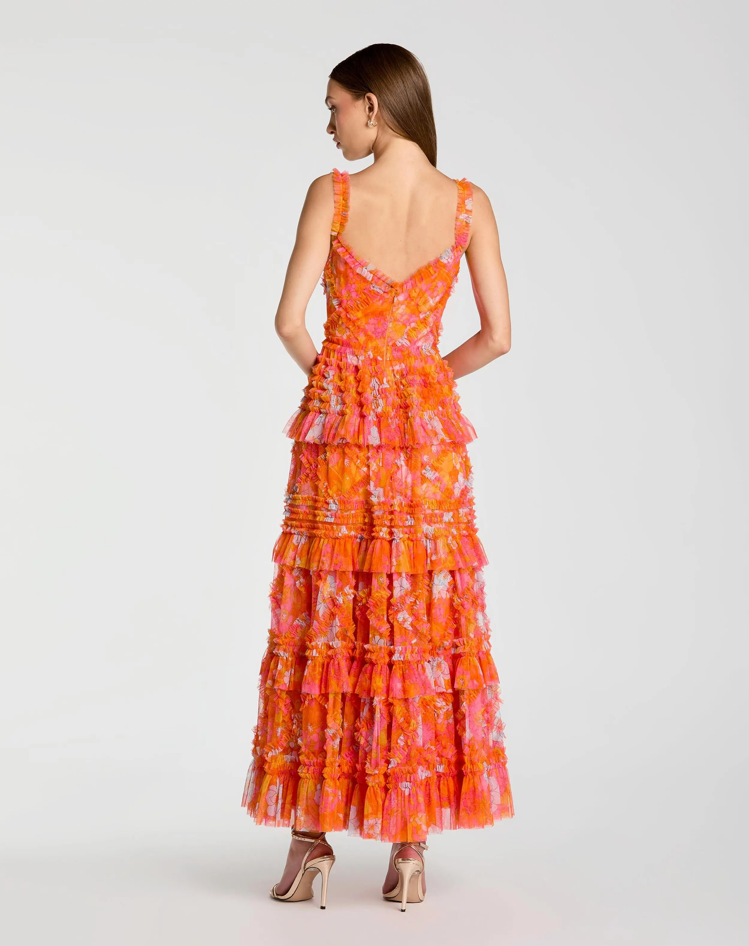 Orange Sleeveless Floral Ruffle A-Line Maxi Dress - Image 3