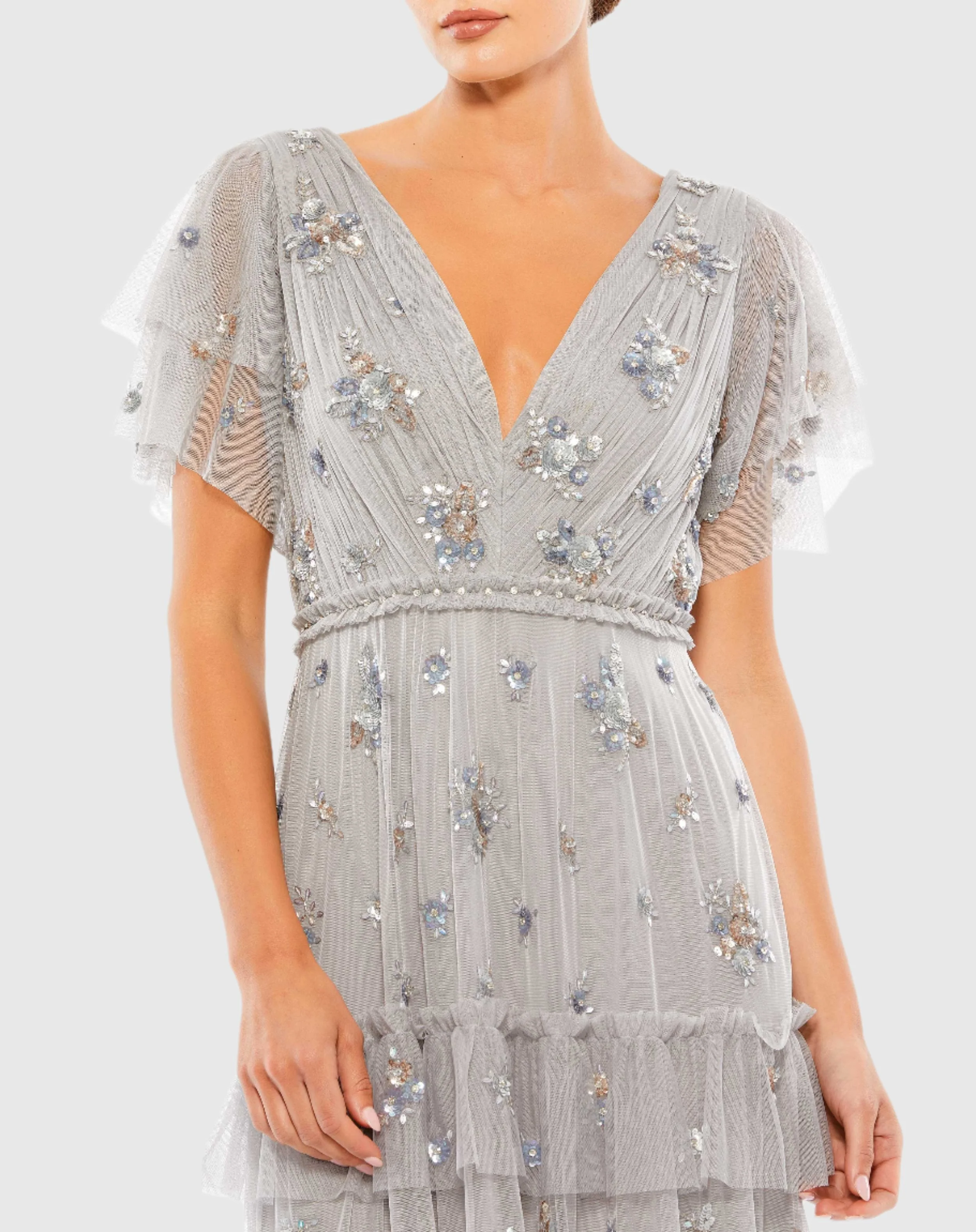 Gray Ruffle Tiered Embellished Flutter Sleeve Gown - Image 2