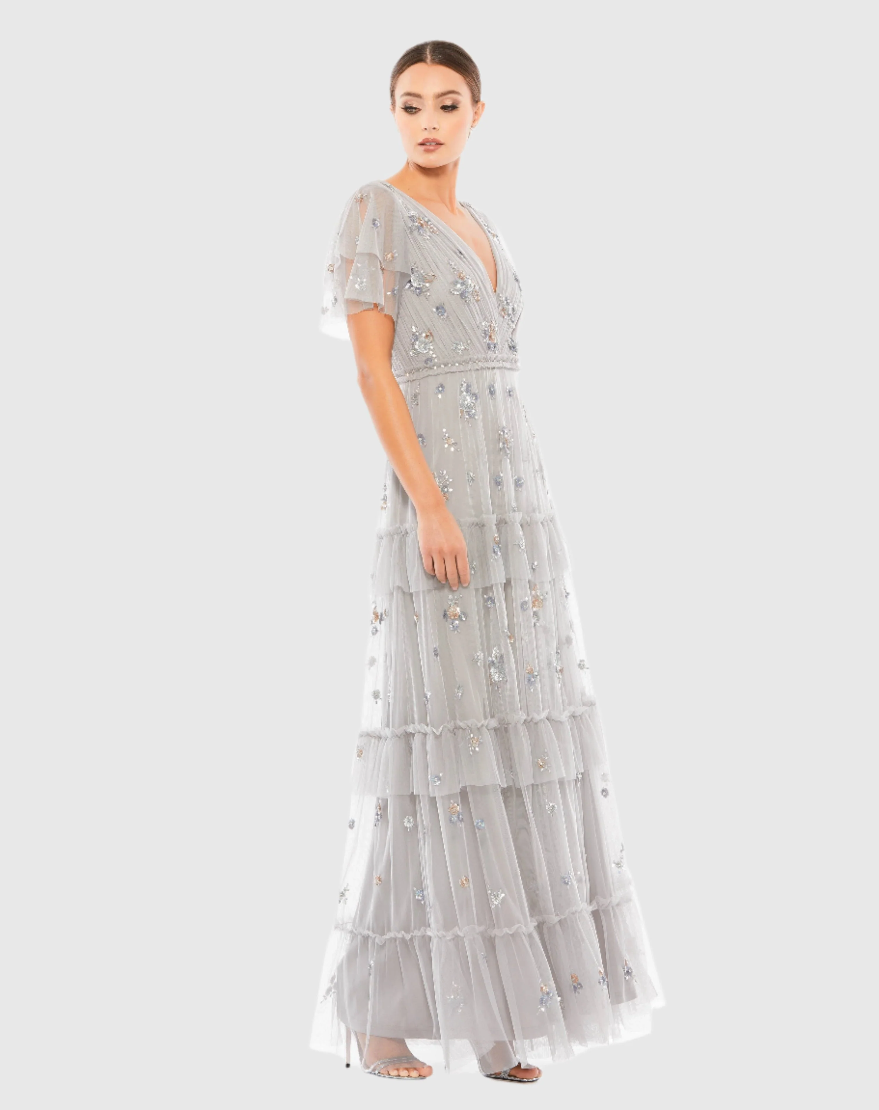 Gray Ruffle Tiered Embellished Flutter Sleeve Gown - Image 3