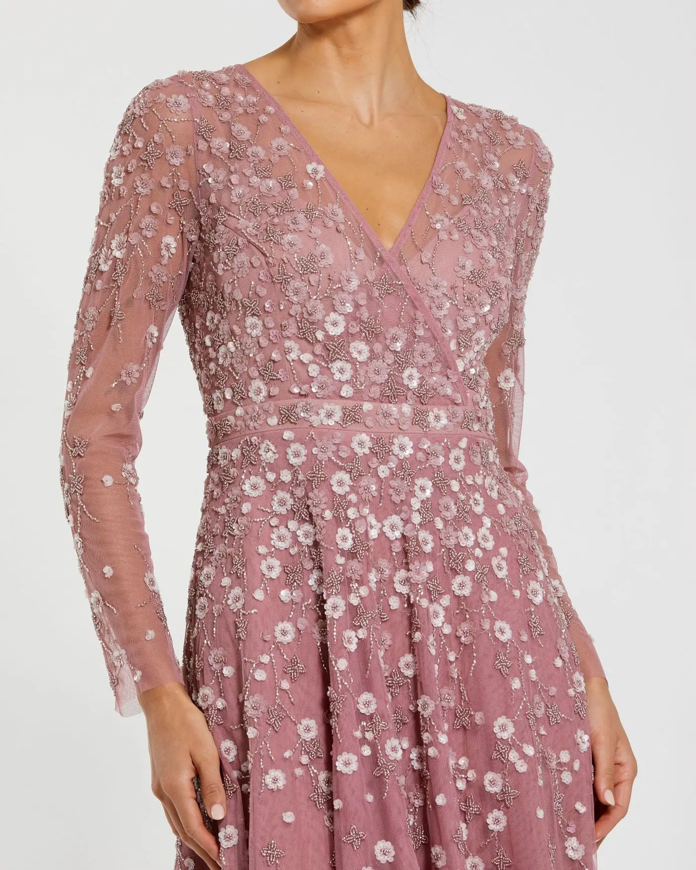 Purple Embellished Wrap Over Illusion Long Sleeve A Line Gown - Image 2