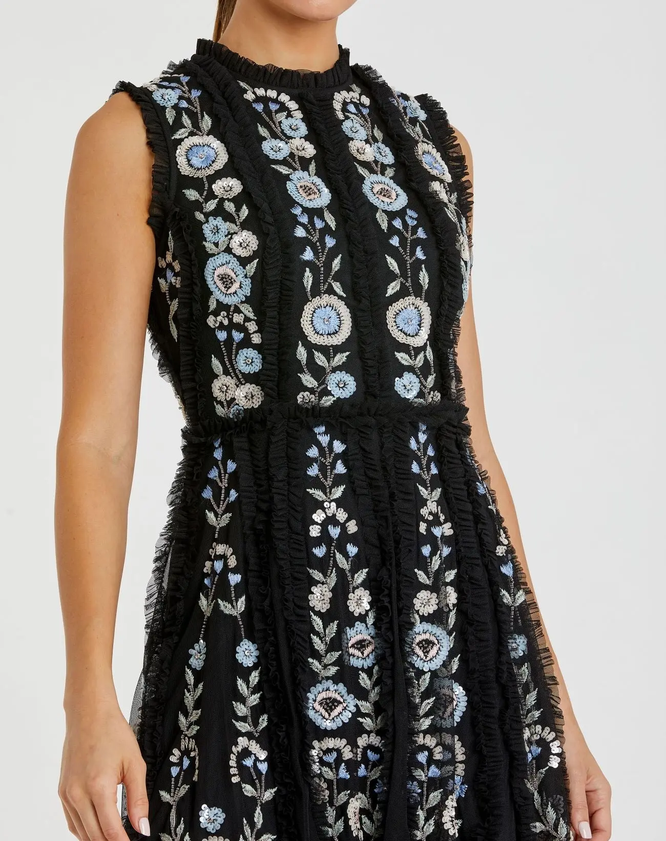 Black Sleeveless High Neck Embroidered Mini Dress - Image 2