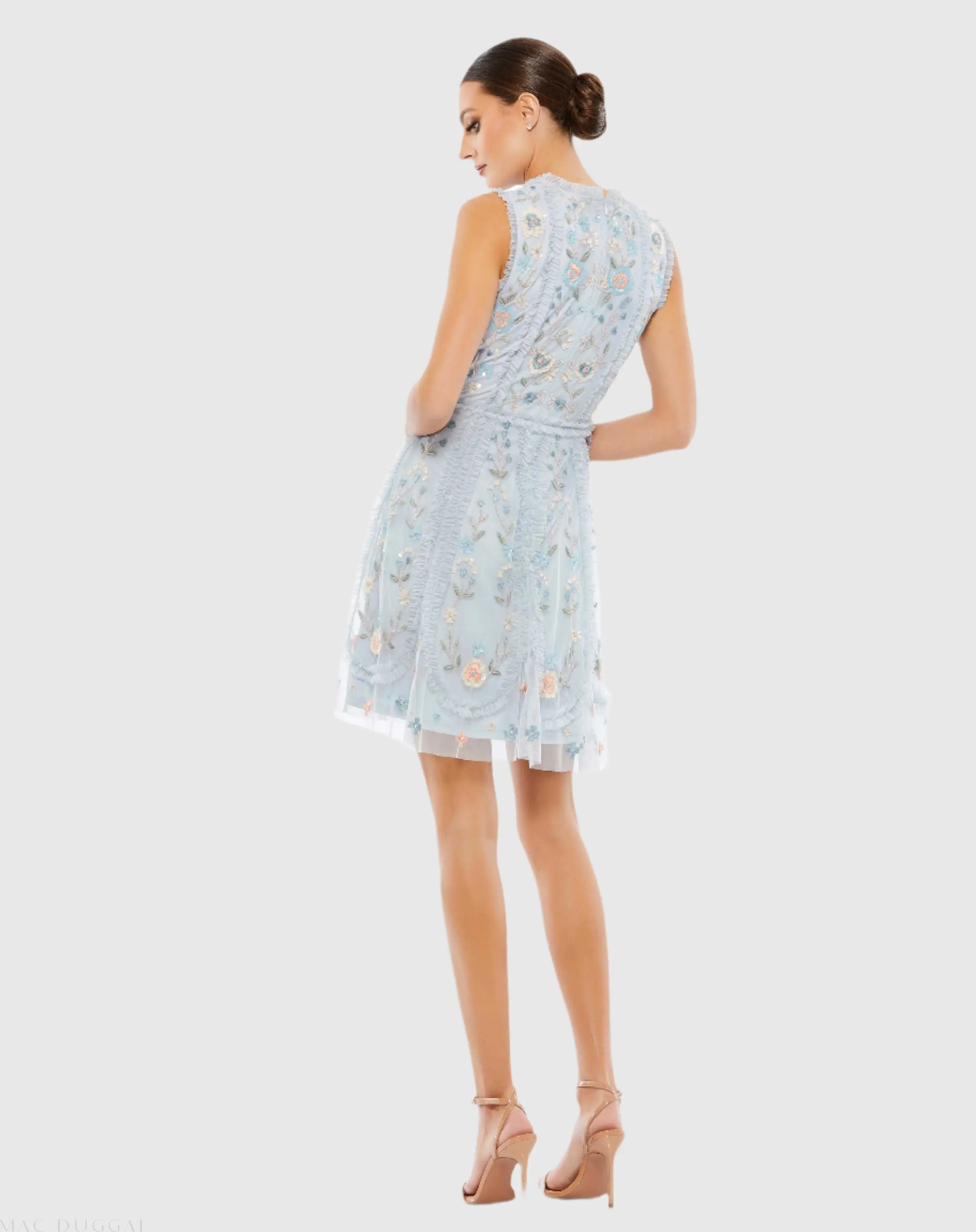 Blue Sleeveless High Neck Embroidered Mini Dress - Image 3