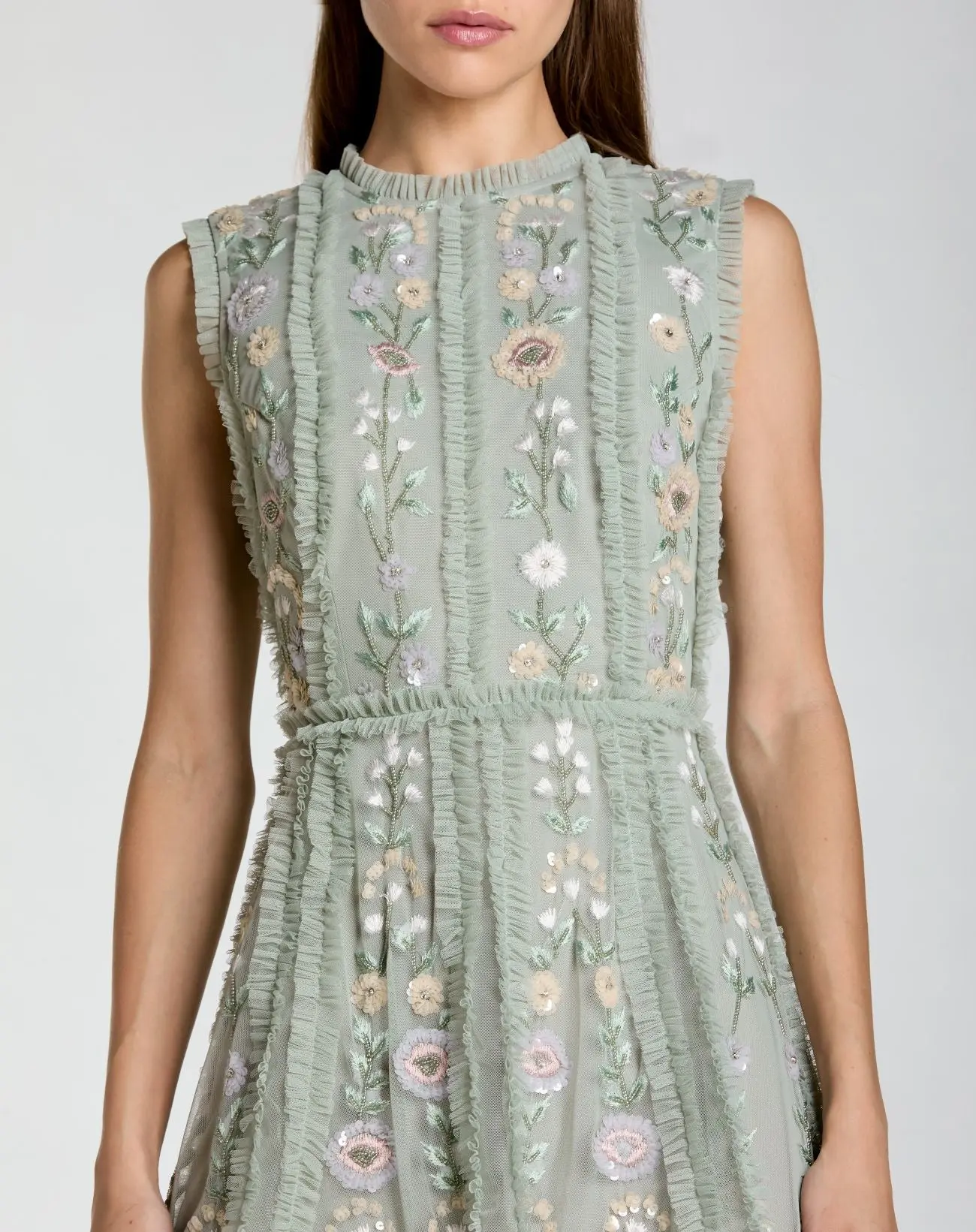 Green Sleeveless High Neck Embroidered Mini Dress - Image 2