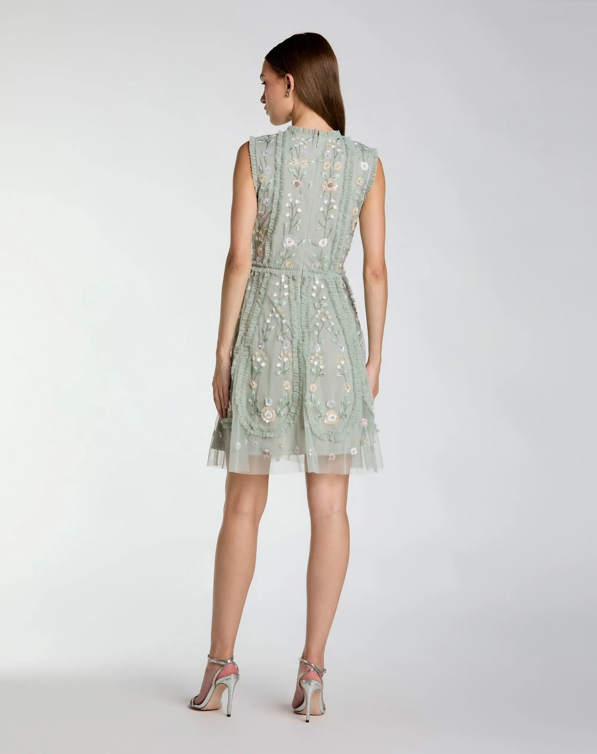 Green Sleeveless High Neck Embroidered Mini Dress - Image 3