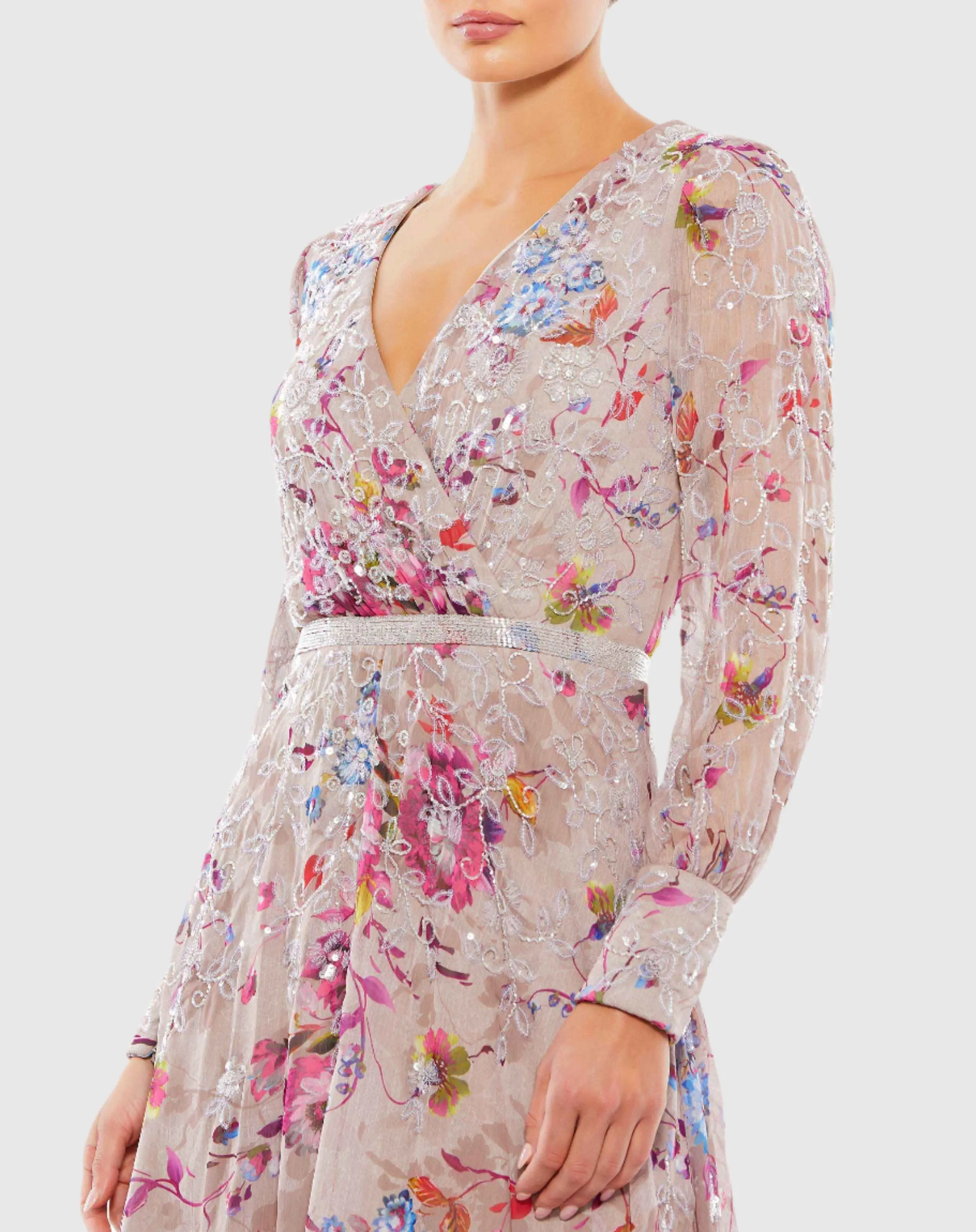 Multicolor Hand Embellished Floral Long Sleeve Midi Dress - Image 2