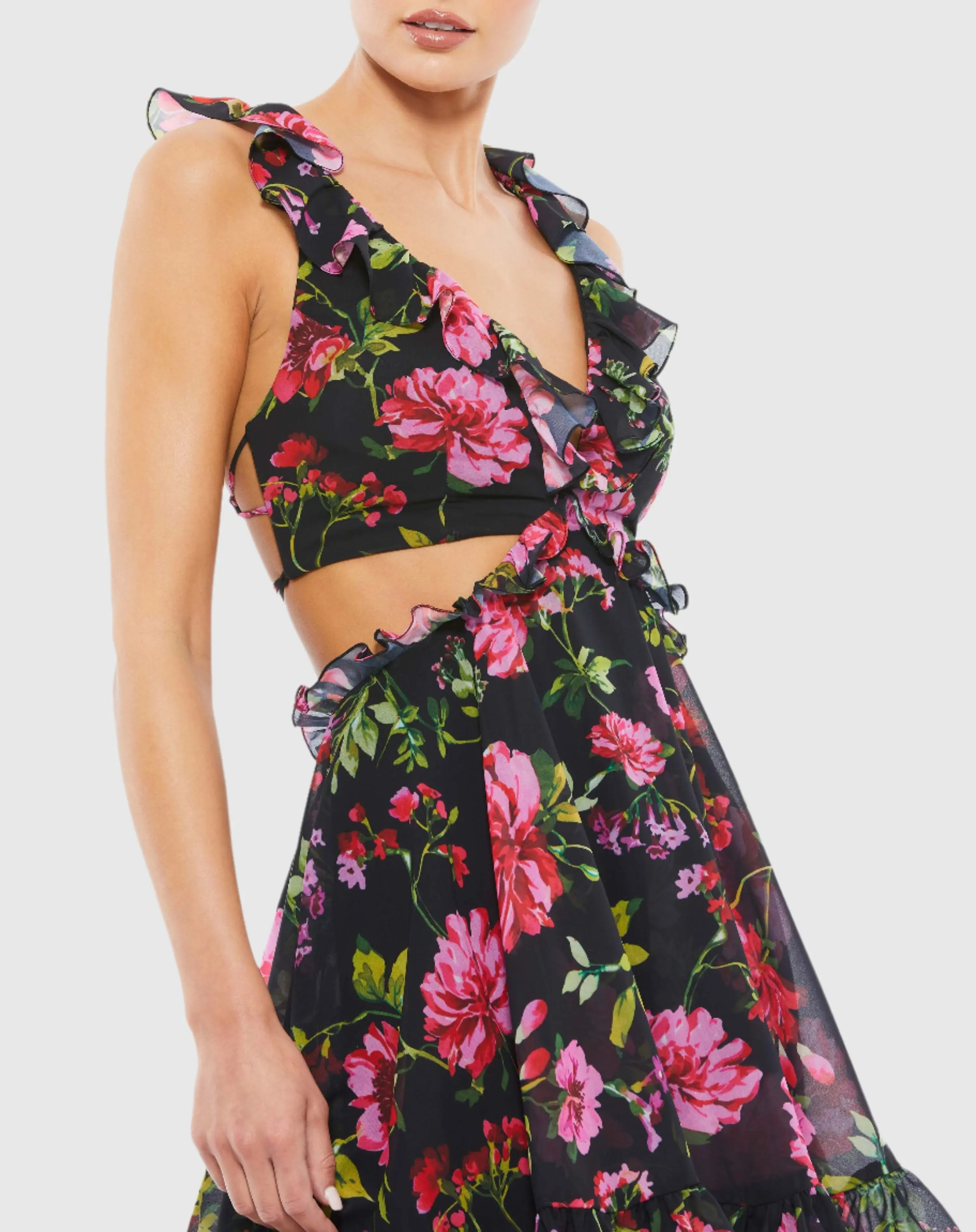 Black Ruffle Cut Out Lace Up Flowy Mini Dress - Image 2