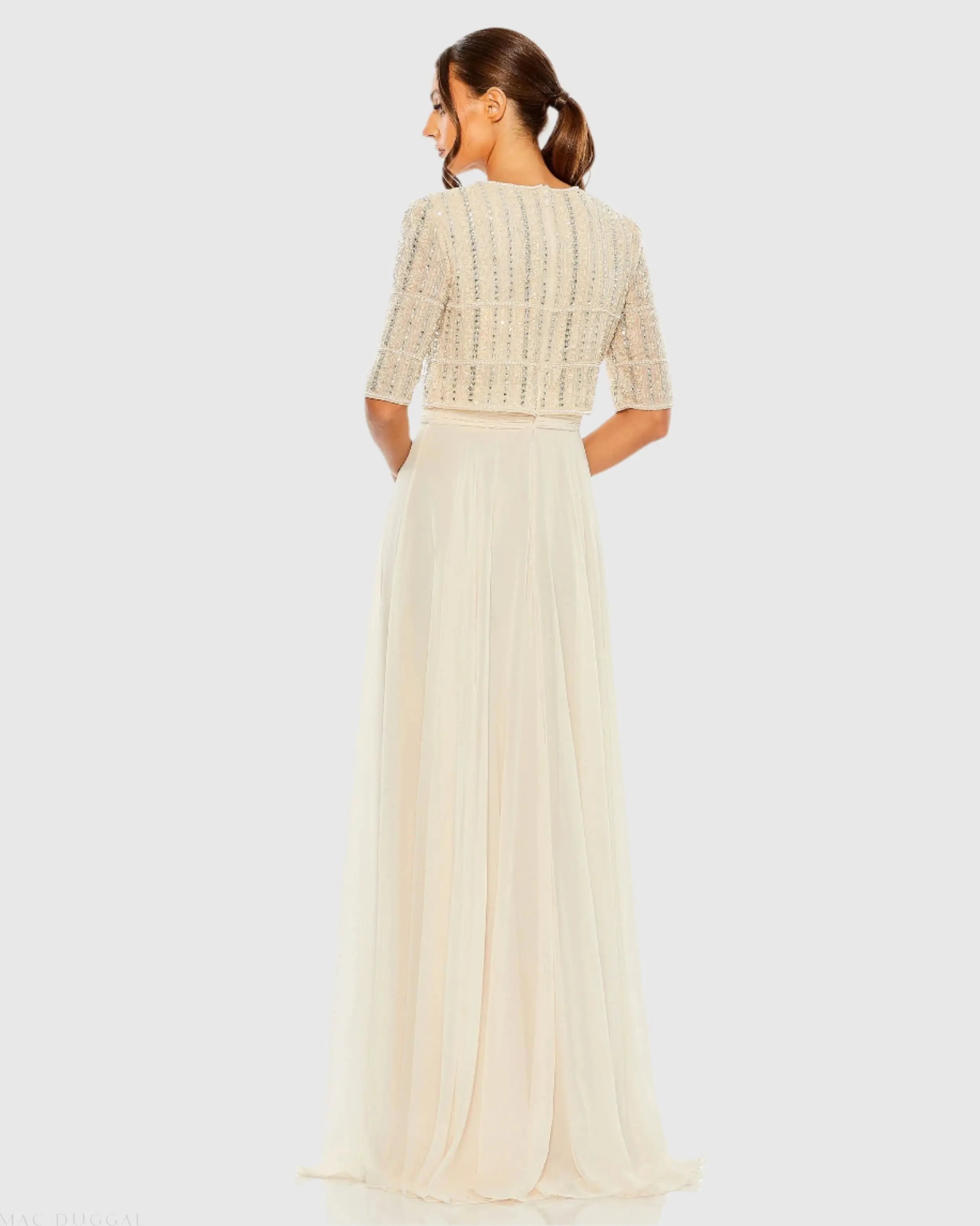 Beige Chiffon Gown w/ Fully Beaded 3/4 Sleeve Top - Image 3
