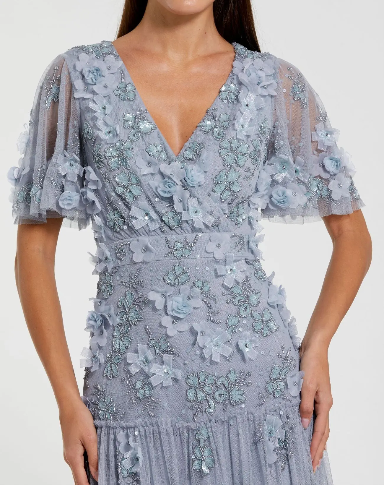 Blue Floral Embellished Flutter Sleeve Dress - Image 2