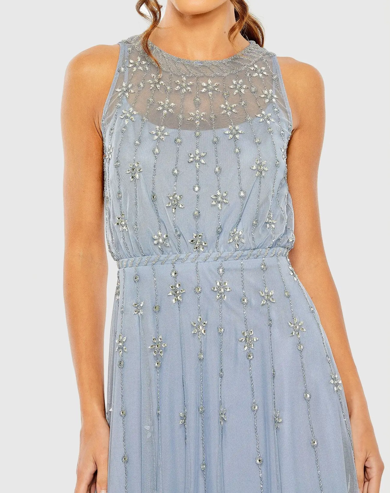 Blue High Neck Sleeveless Embellished A Line Cocktail Dress - Image 2
