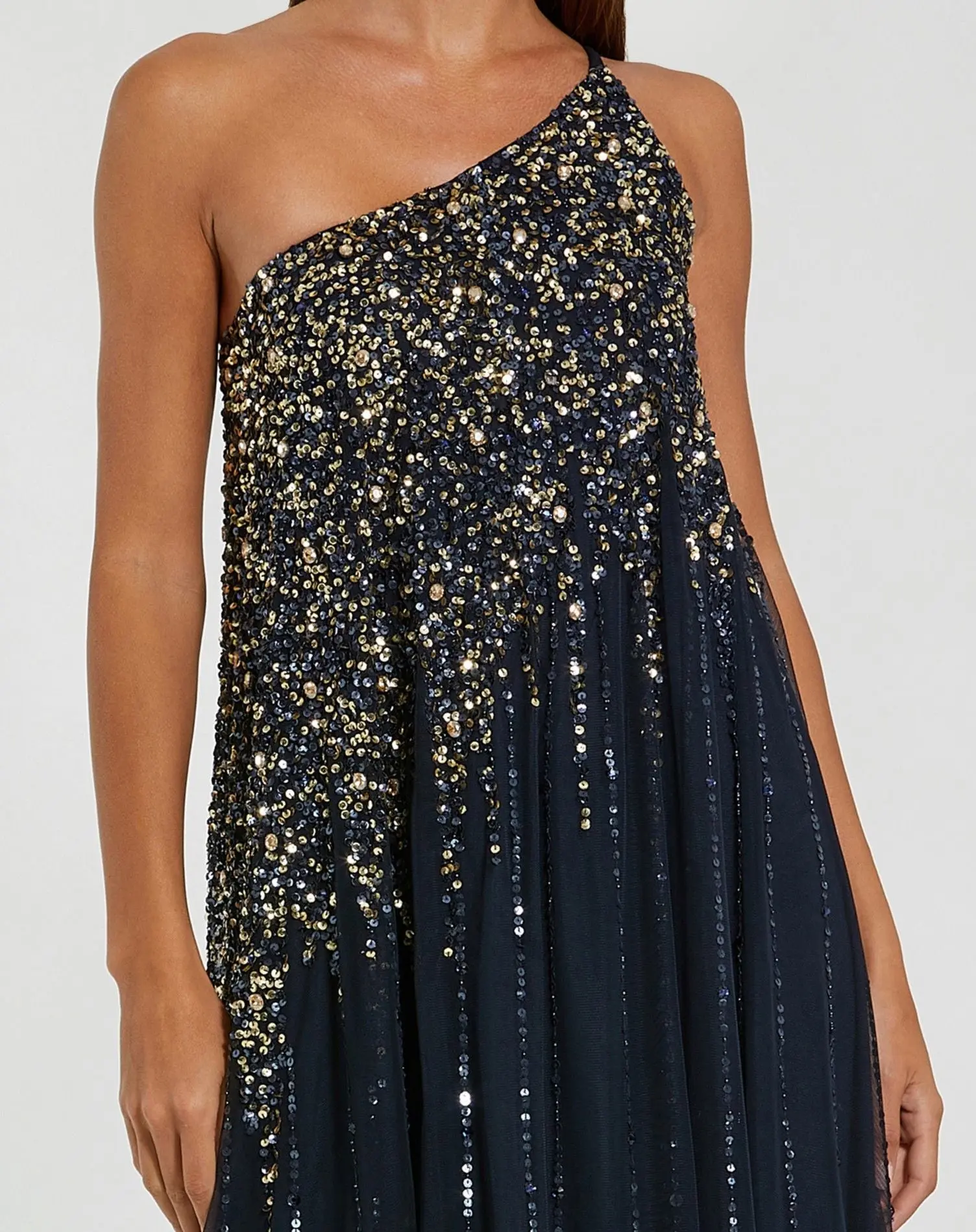 Navy One Shoulder Embellished Trapeze Gown - Image 2