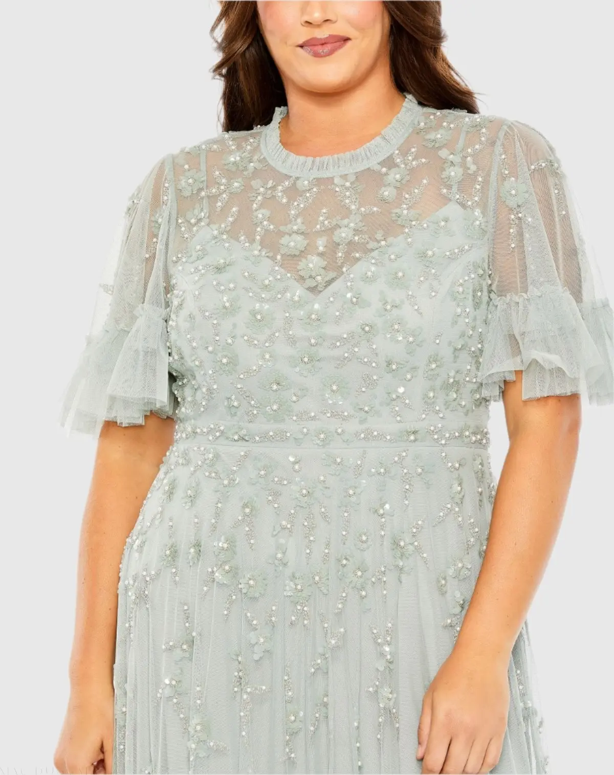 Green Embellished Flutter Sleeve Ruffle Tiered Gown - Image 2