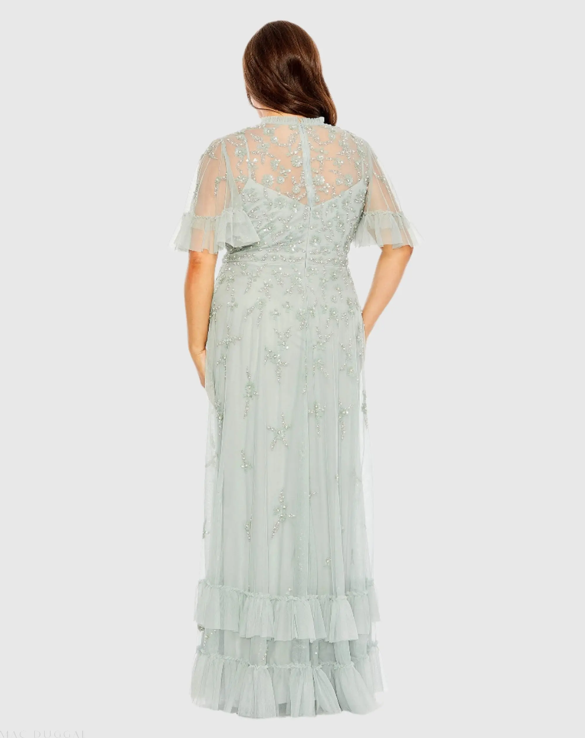 Green Embellished Flutter Sleeve Ruffle Tiered Gown - Image 3