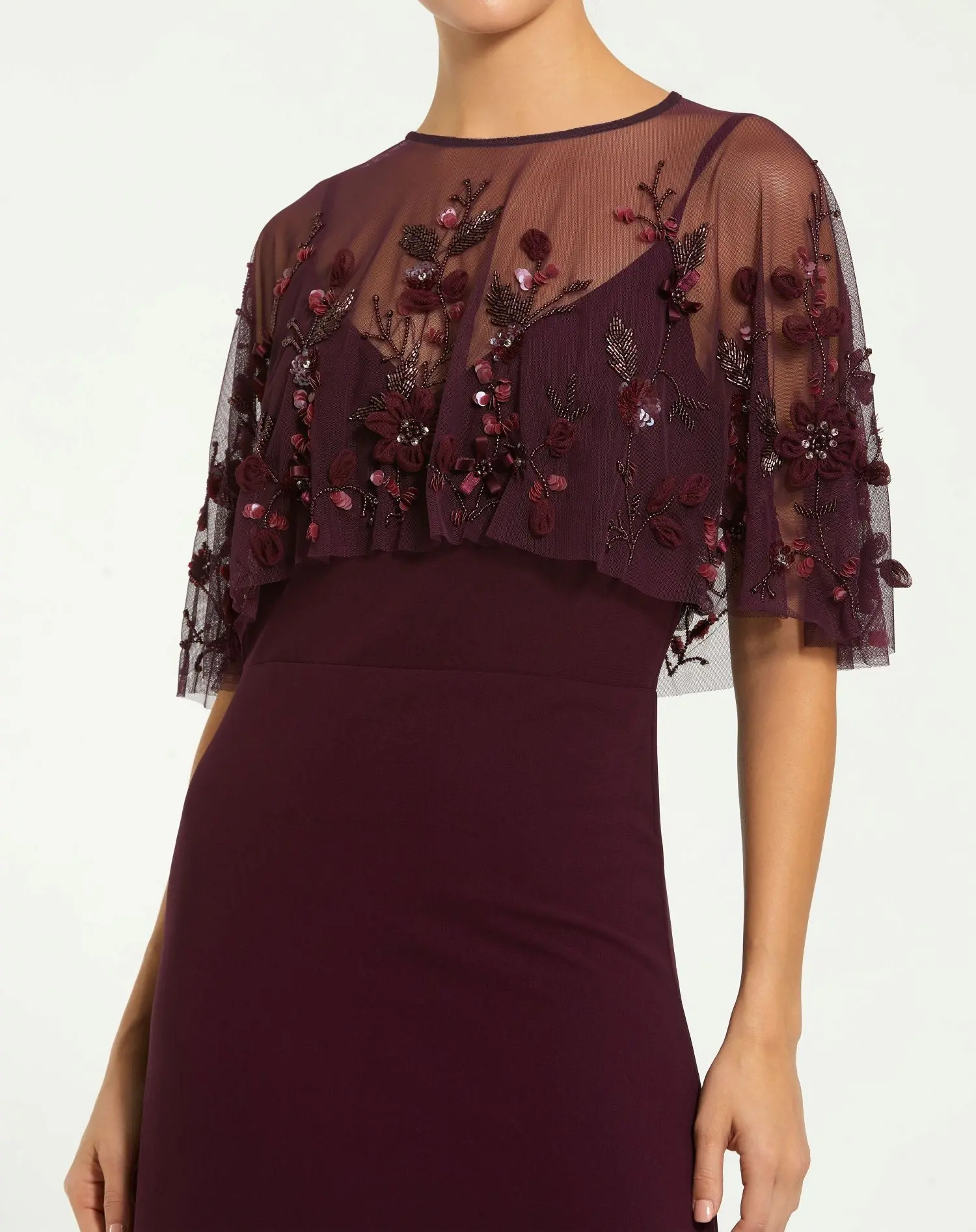 Burgundy Sleeveless Gown With Embellished Cape - Image 2