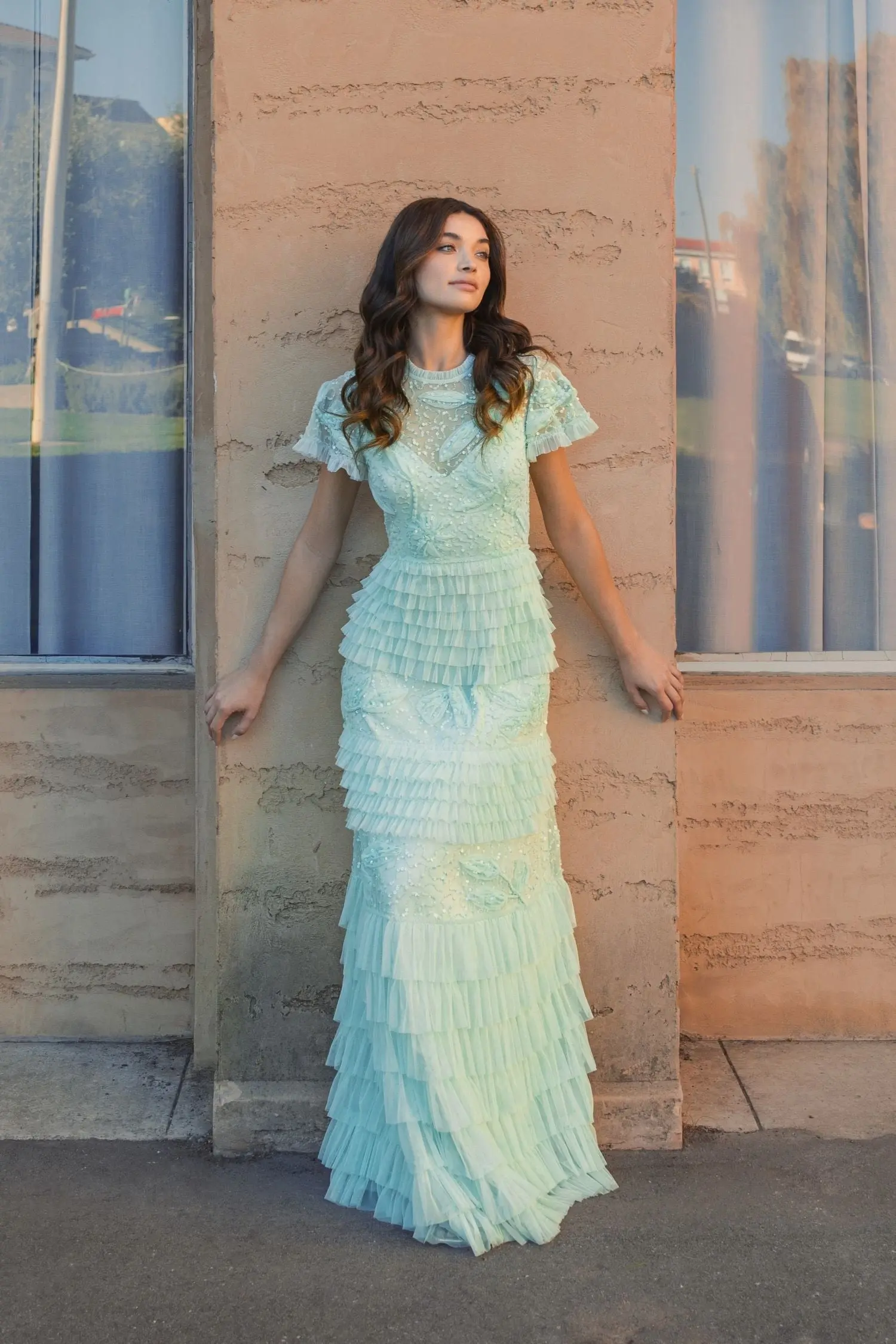Green Beaded Mesh High Neck Micro Ruffle Gown - Image 4