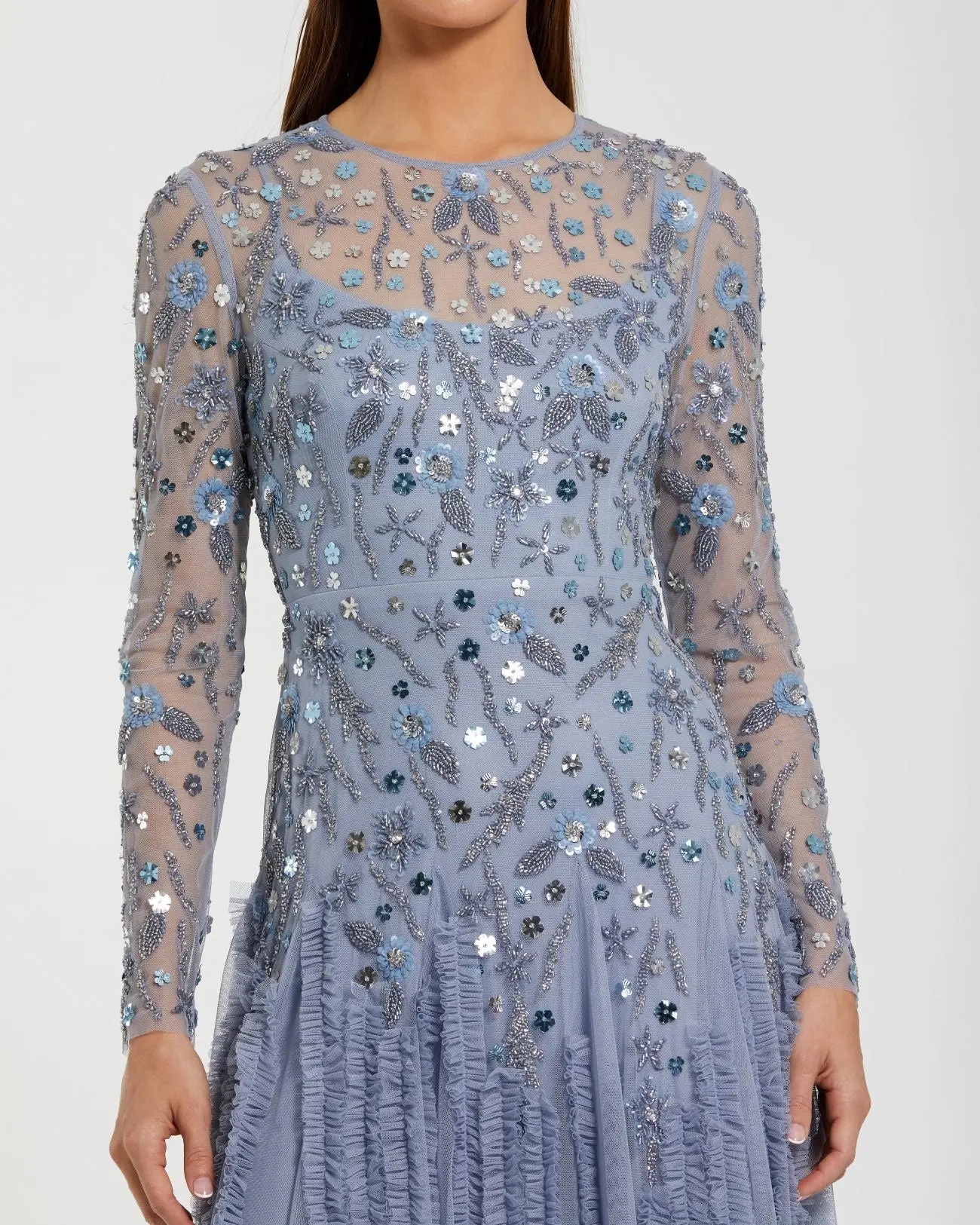 Blue Embellished Long Sleeve Drop Waist Gown - Image 2