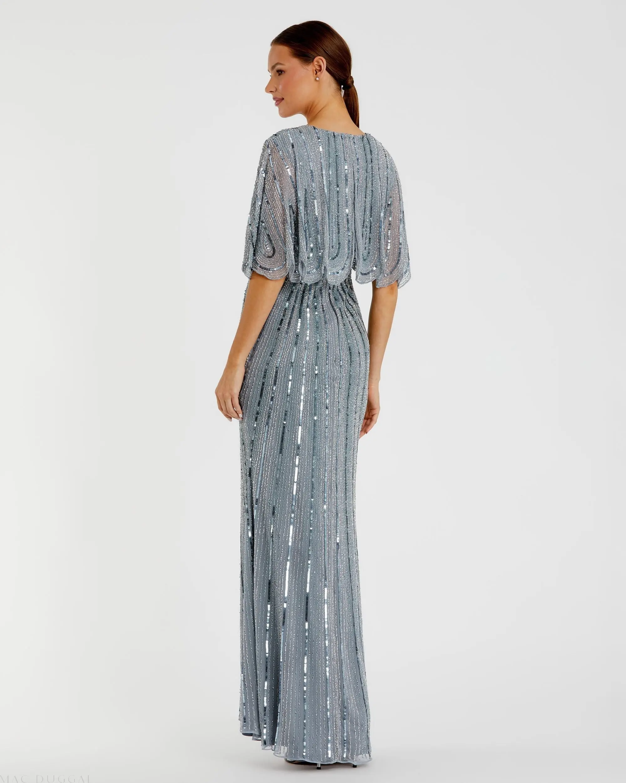 Blue Sequined V Neck Cape Sleeve Gown - FINAL SALE - Image 3