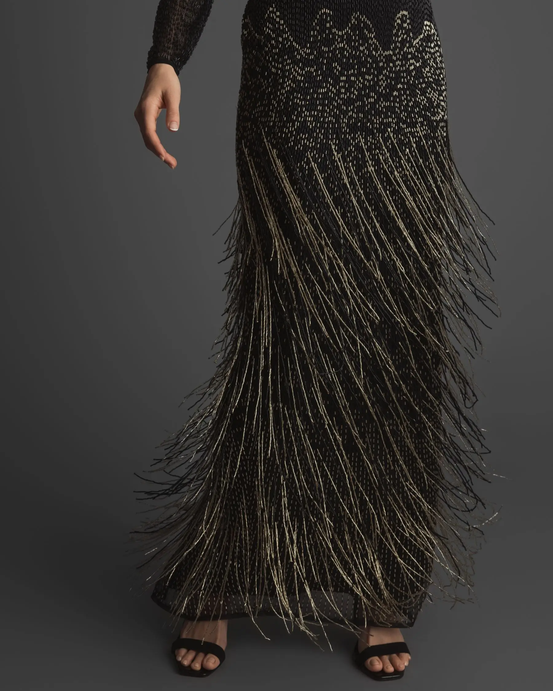 Black Long Sleeve Beaded Fringe Evening Gown - Image 5