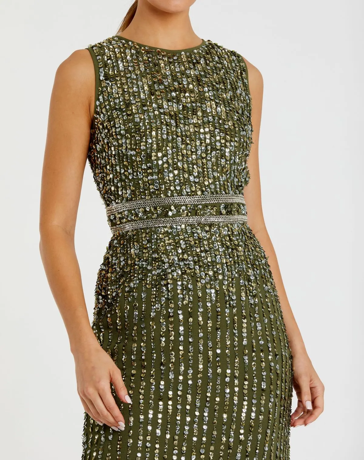 Green Sequined High Neck Sleeveless Column Gown - Image 2