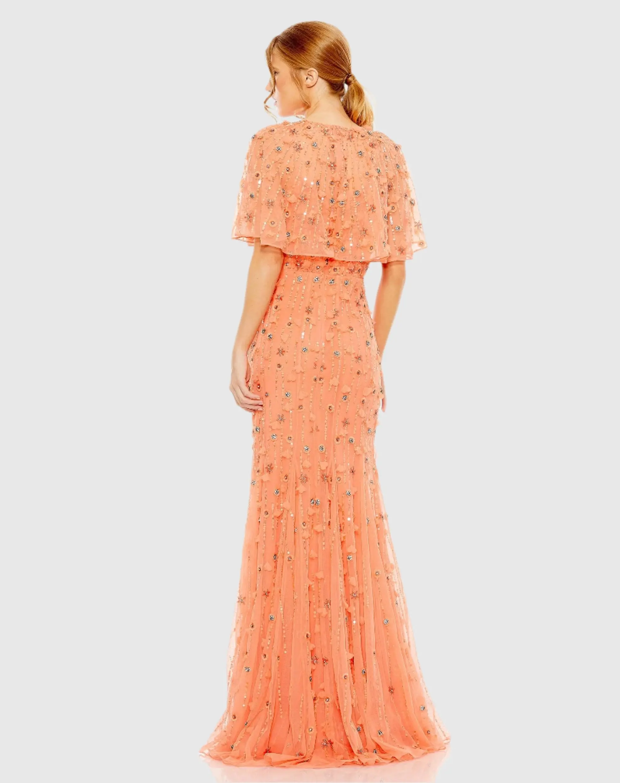 Orange Embellished Illusion Cape Sleeve Trumpet Gown - Image 3