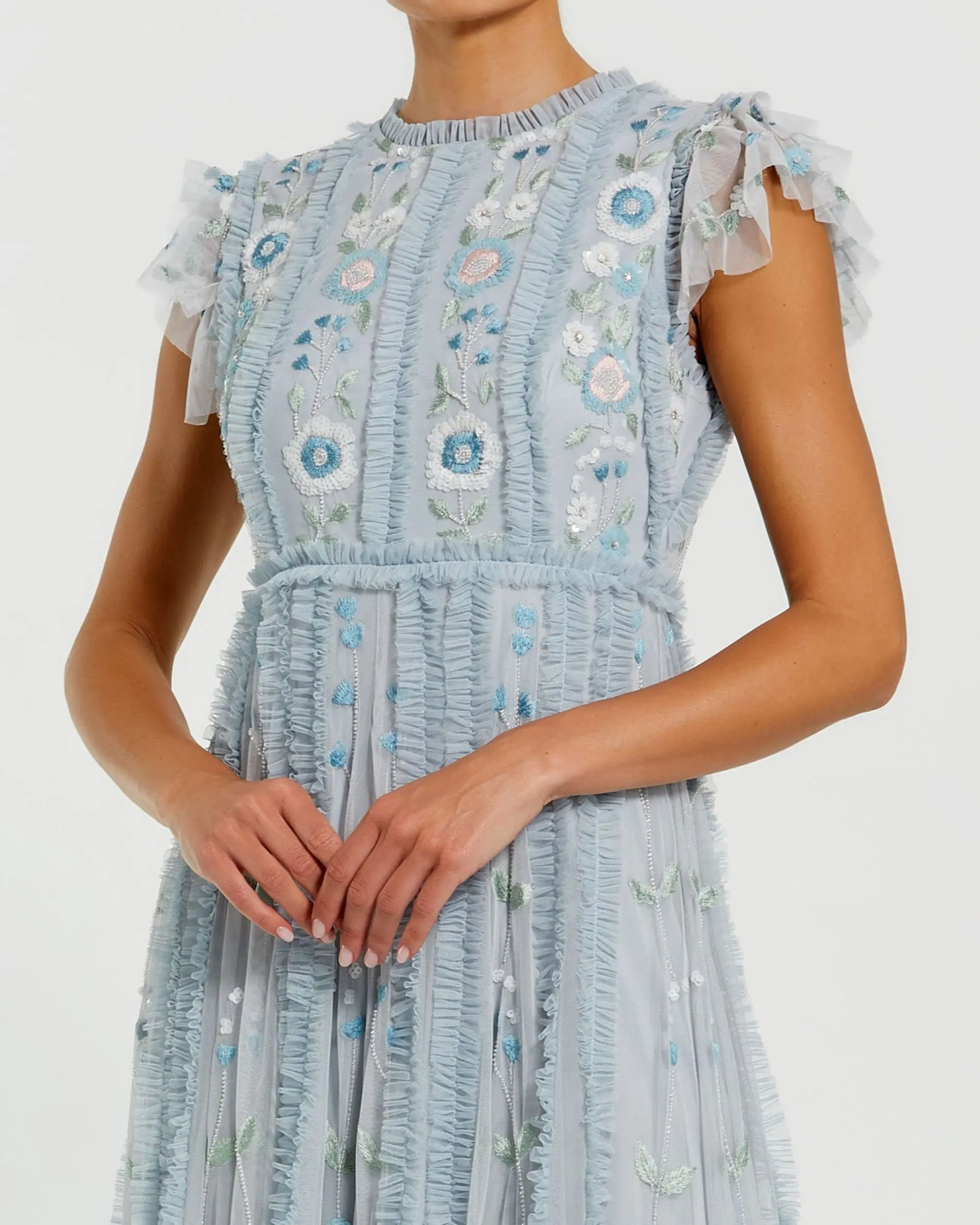 Blue Floral Embroidered Ruffle A Line Gown - Image 2