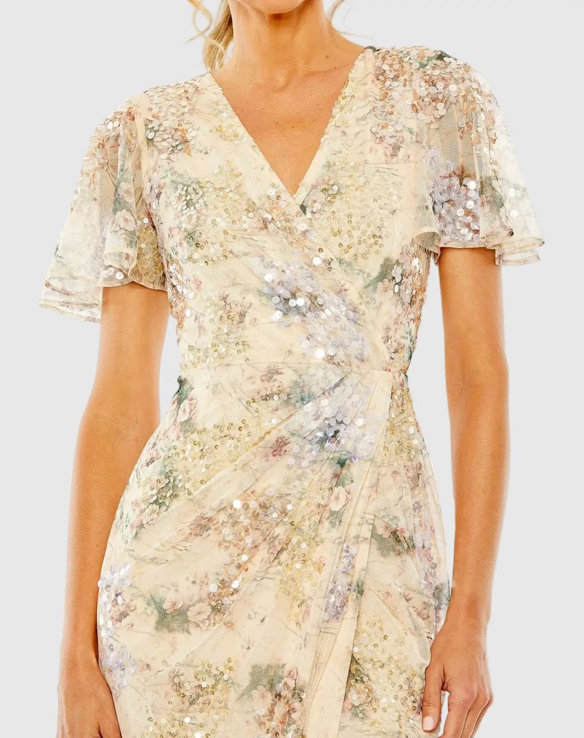 Beige Flutter Sleeve Embellished Evening Gown - Image 2