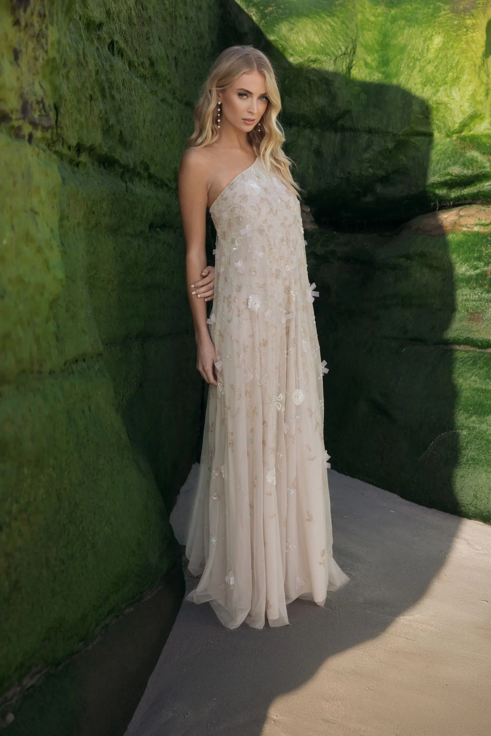 Beige One Shoulder Floral Embellished Trapeze Gown - Image 6