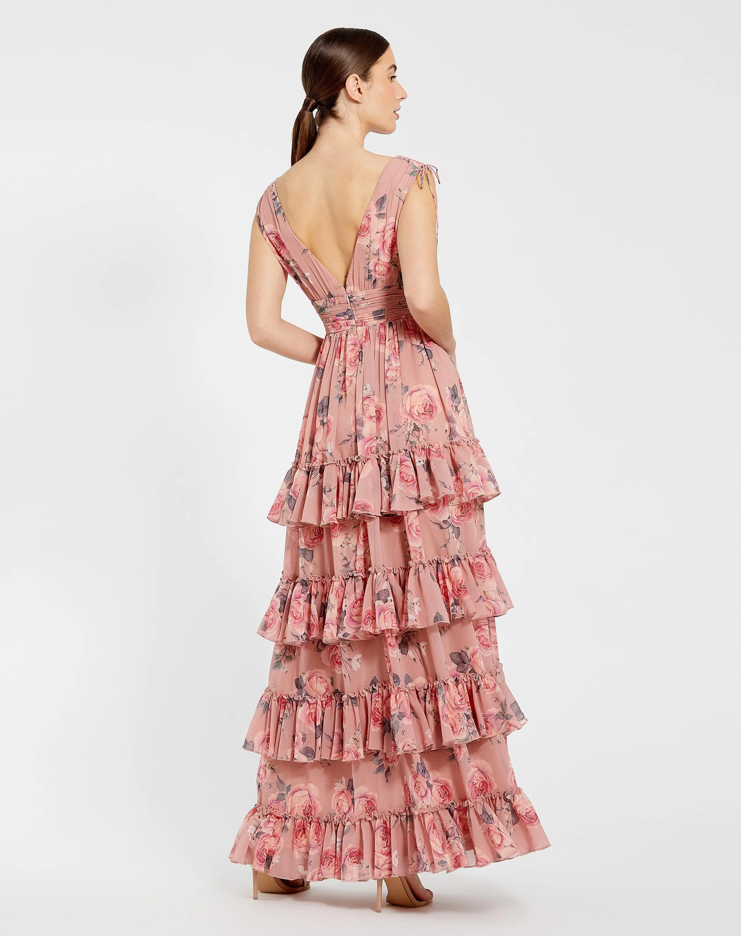 Pink Drawstring Shoulder Chiffon Tiered Floral Dress - Image 3