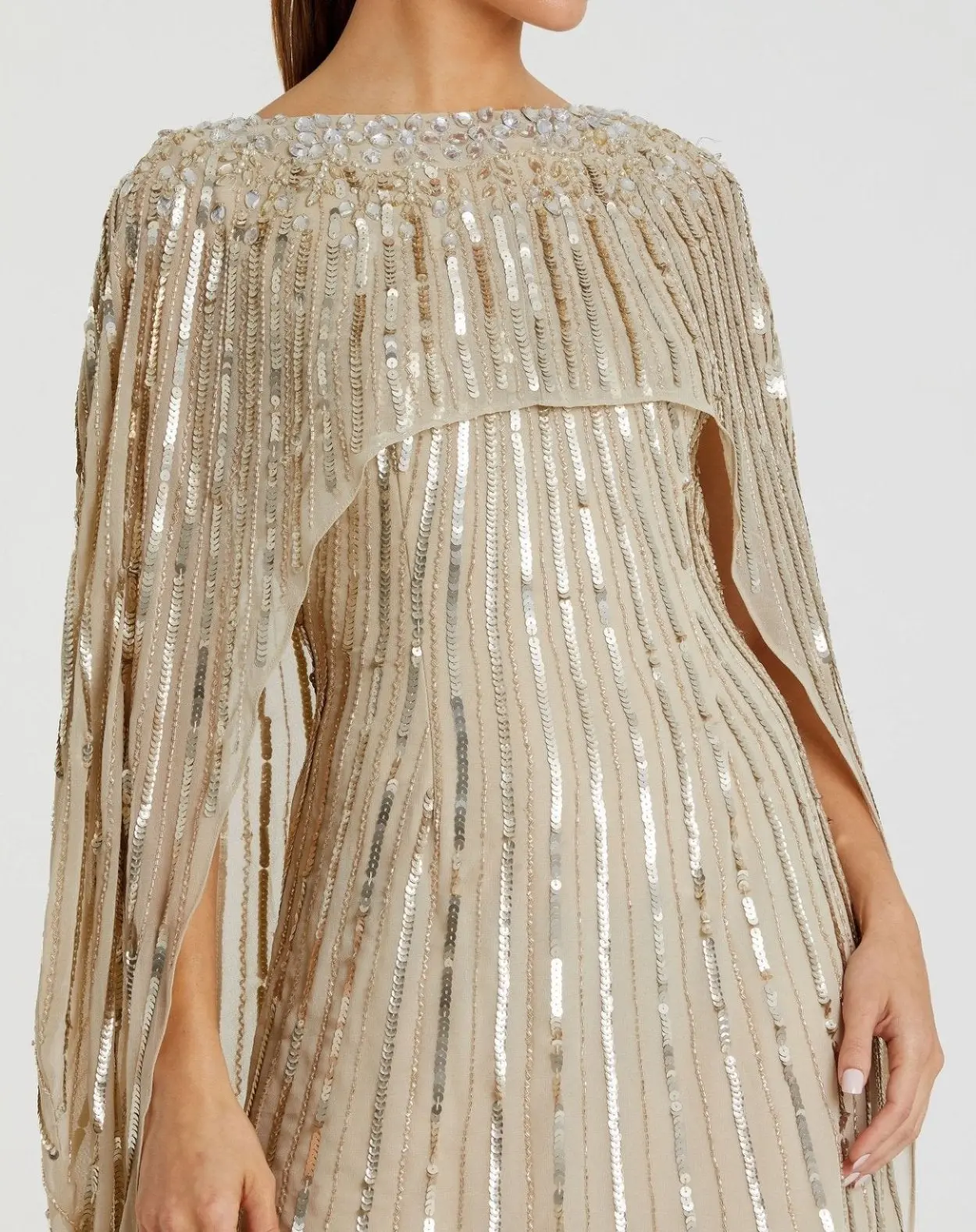 Gold Embellished Beaded Column Cape Gown - Image 2