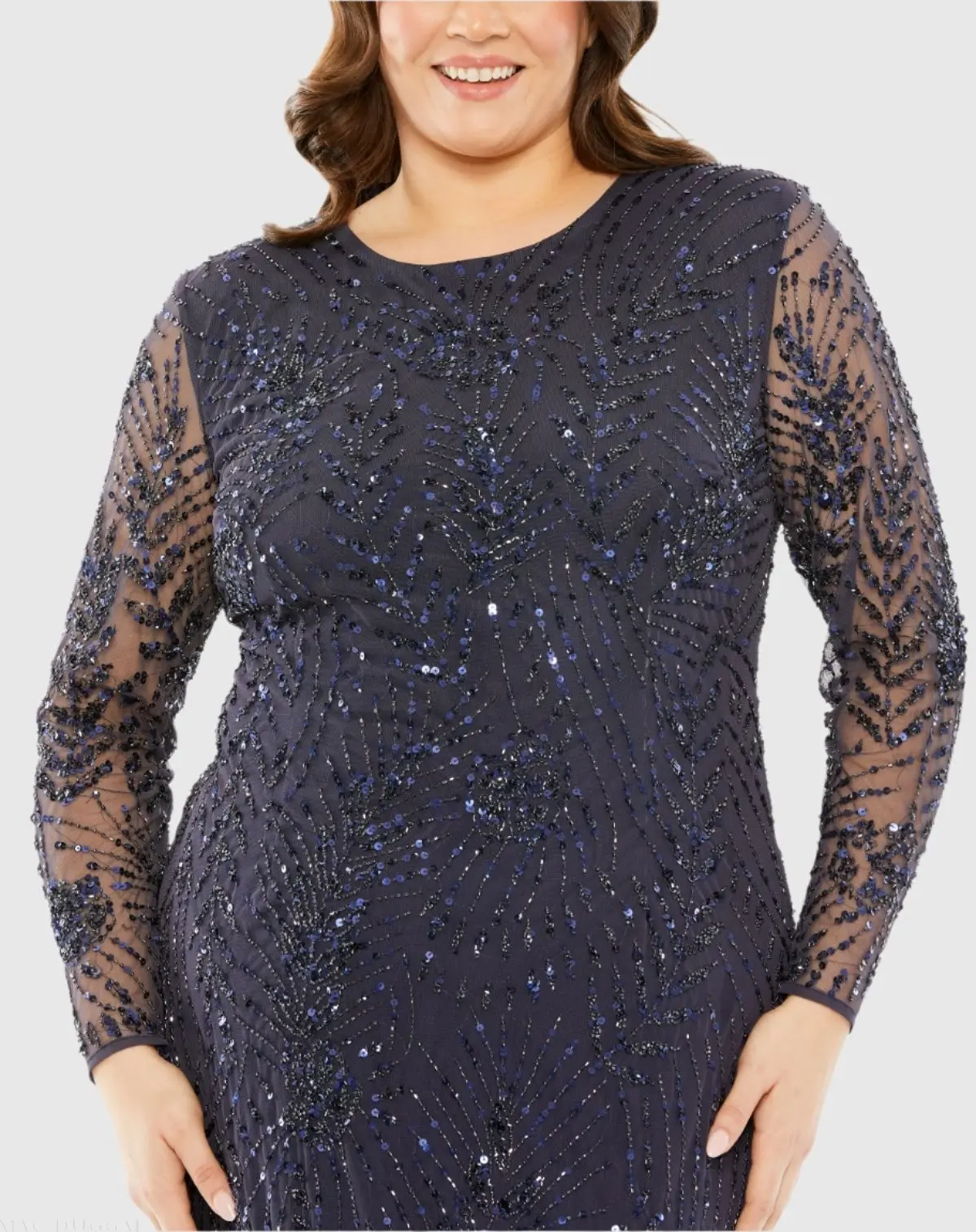 Navy Long Sleeve Mesh Embellished Gown - Image 2