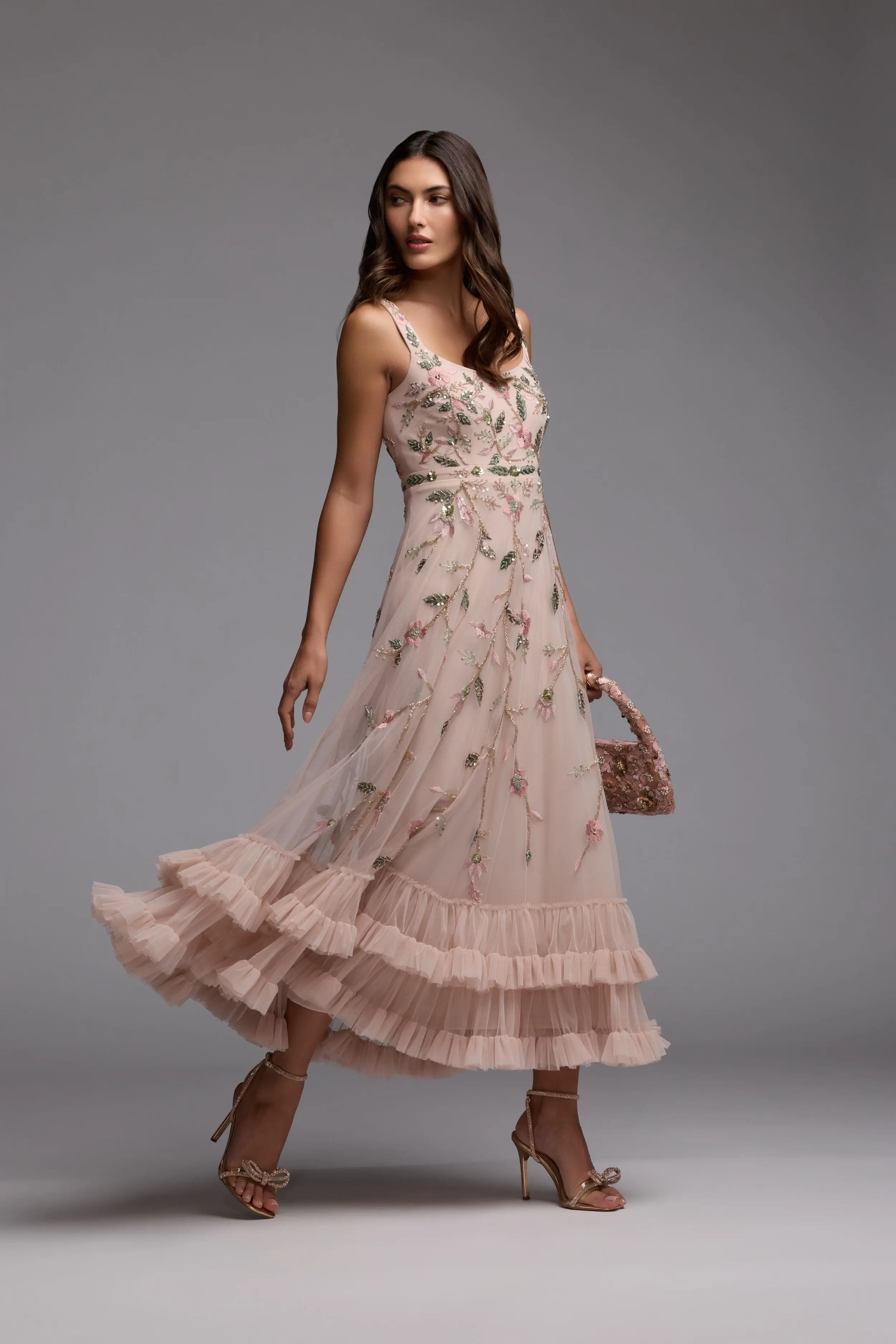 Pink Ruffle Midi Dress with Floral Embroidery - Image 4