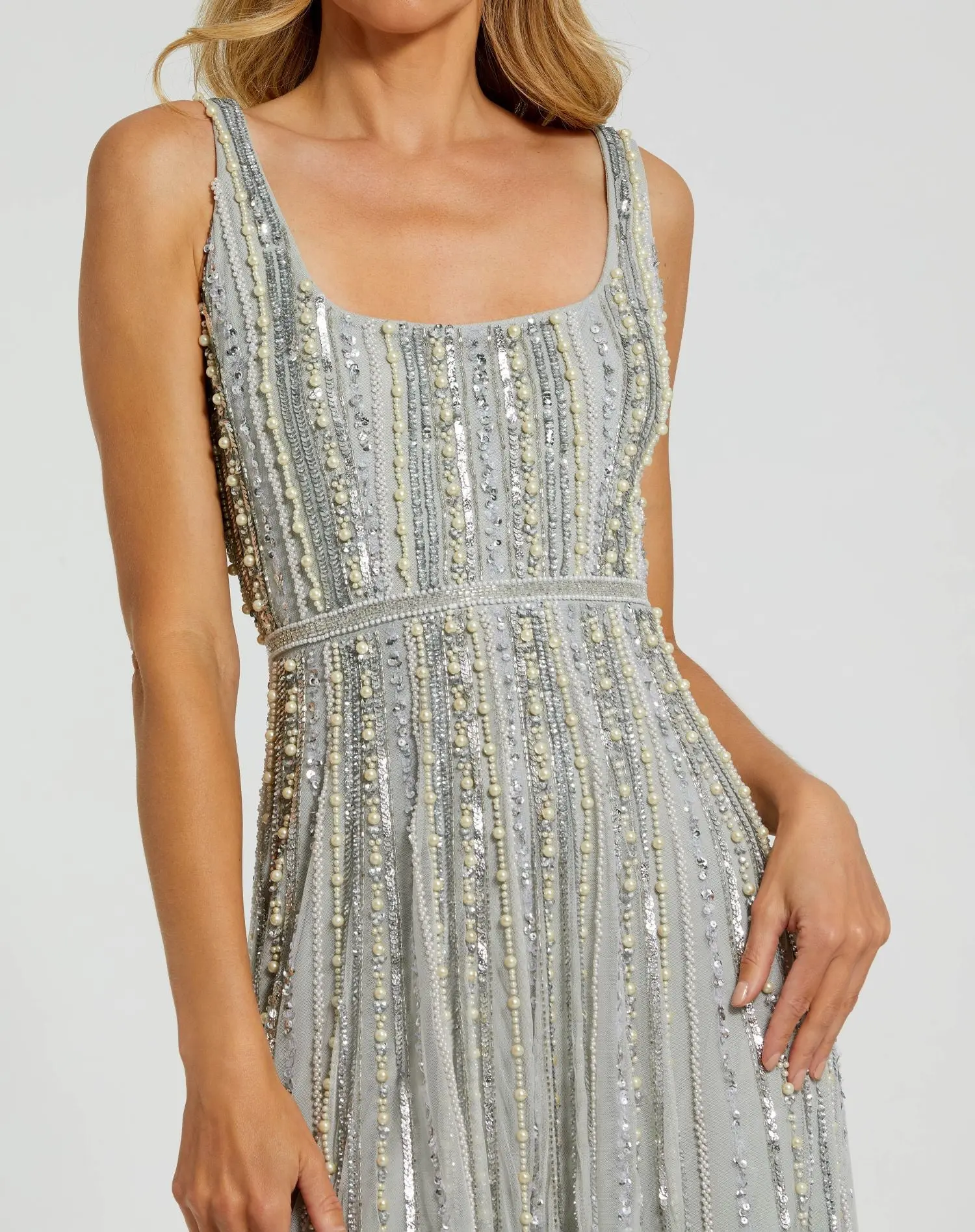 Green Scoop Neck A-Line Gown With Striped Beading - Image 2