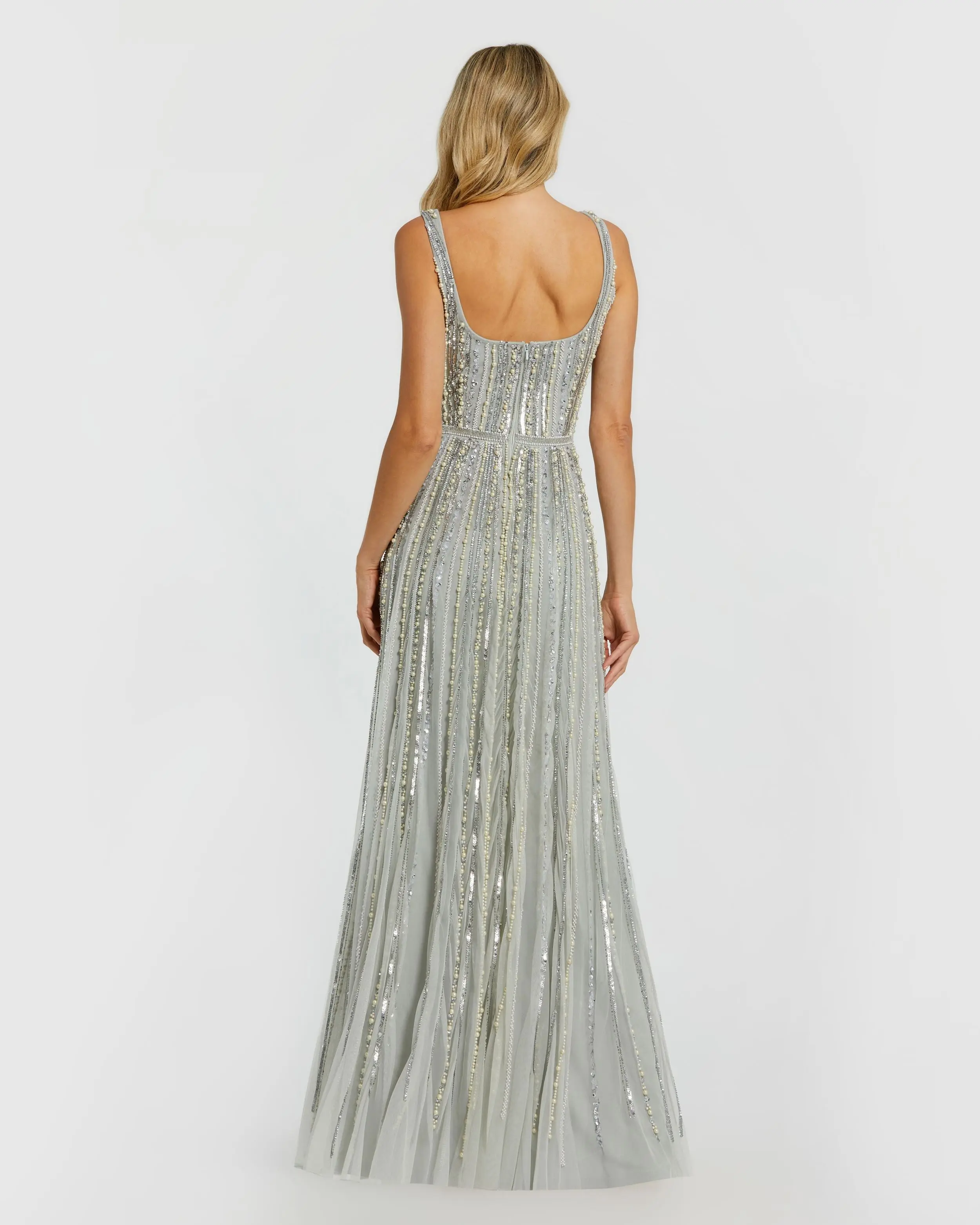 Green Scoop Neck A-Line Gown With Striped Beading - Image 3