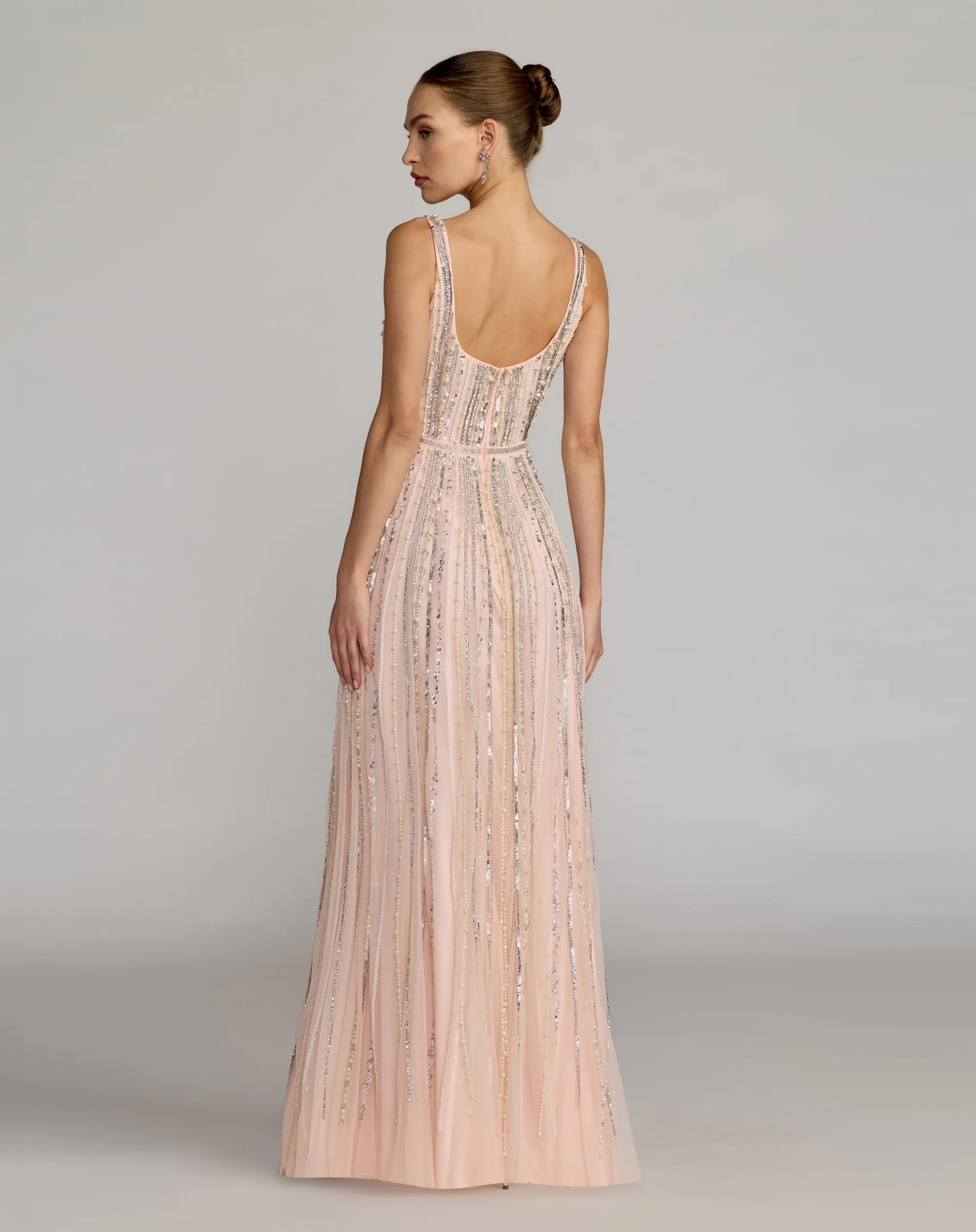 Pink Scoop Neck A-Line Gown With Striped Beading - Image 3