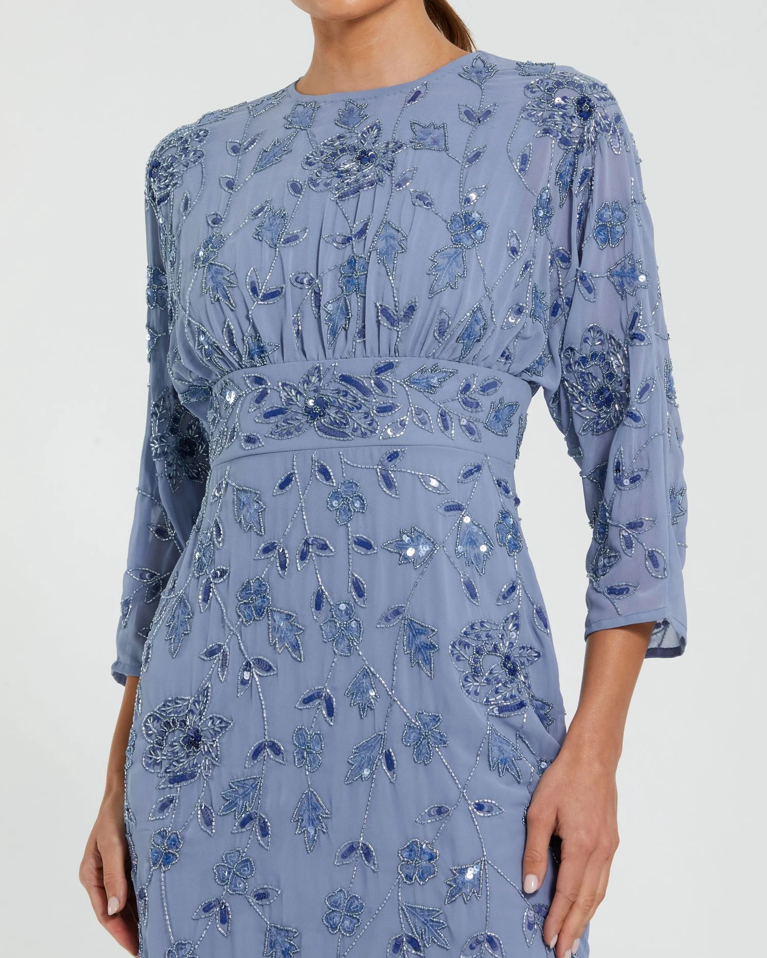 Blue Floral Embellished Midi Dress with 3/4 Sleeves - Image 2