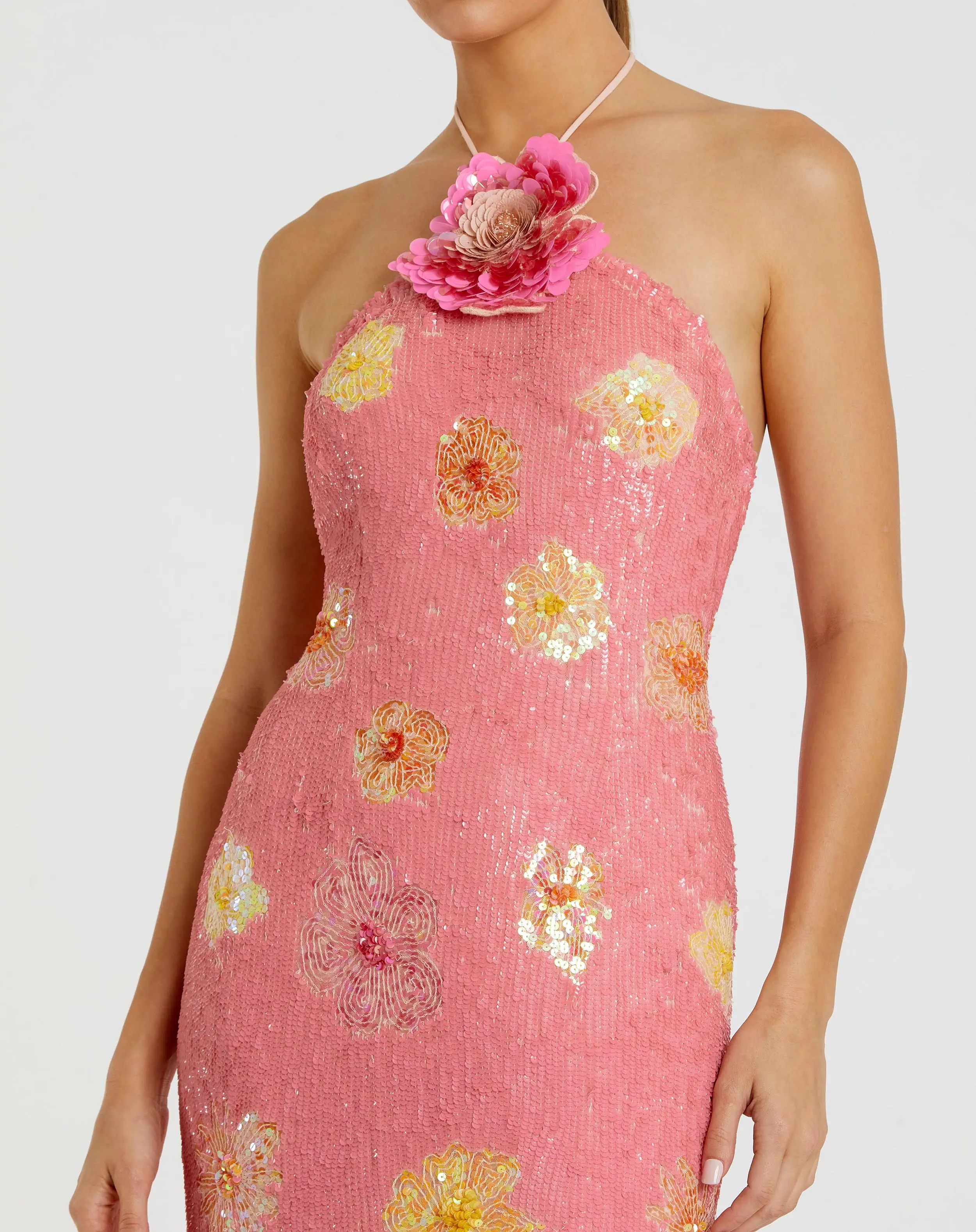 Pink Floral Beaded Halter Gown With 3D Flower - Image 3