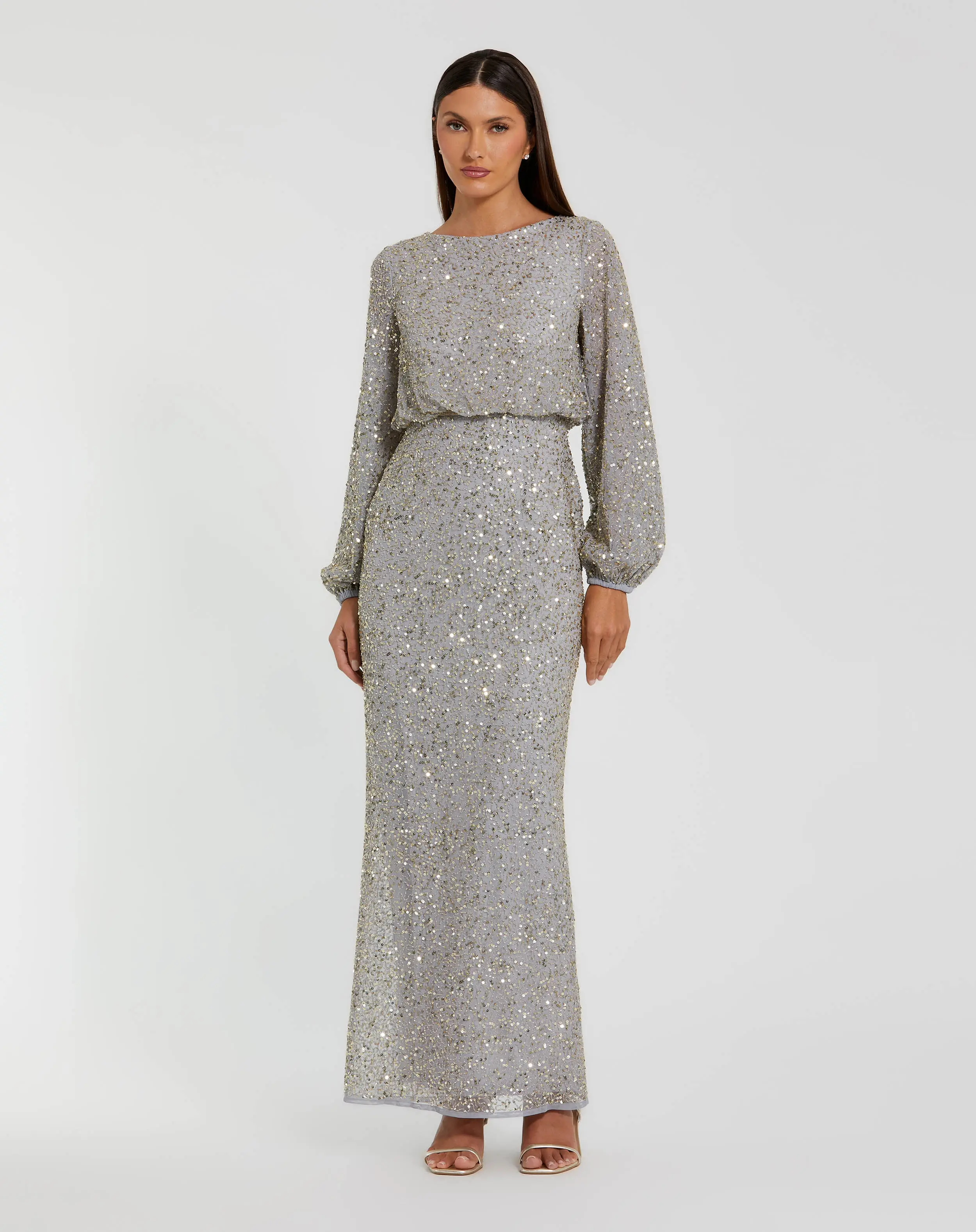 Gray Sequin Blouson Long Sleeve Gown