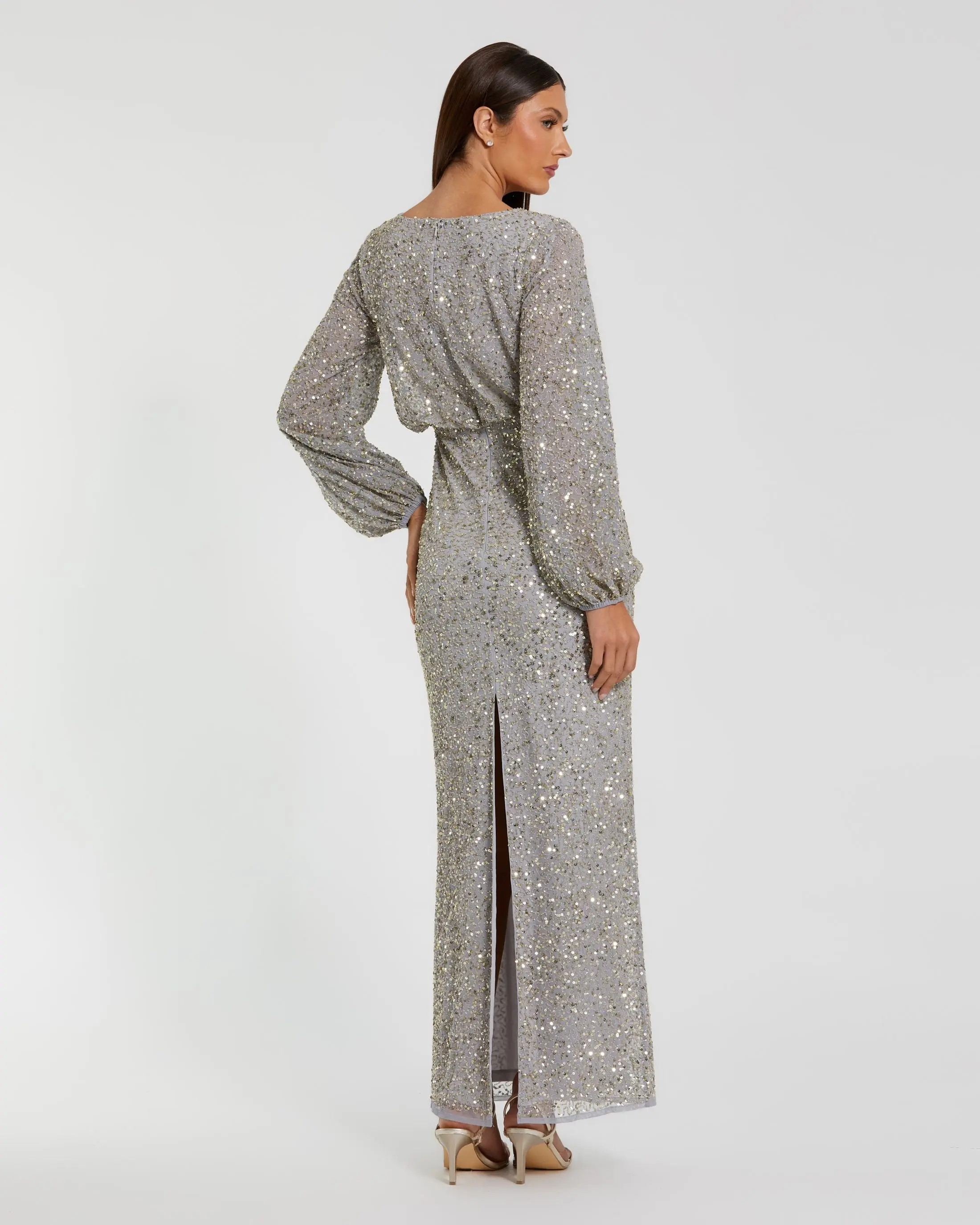 Gray Sequin Blouson Long Sleeve Gown - Image 3