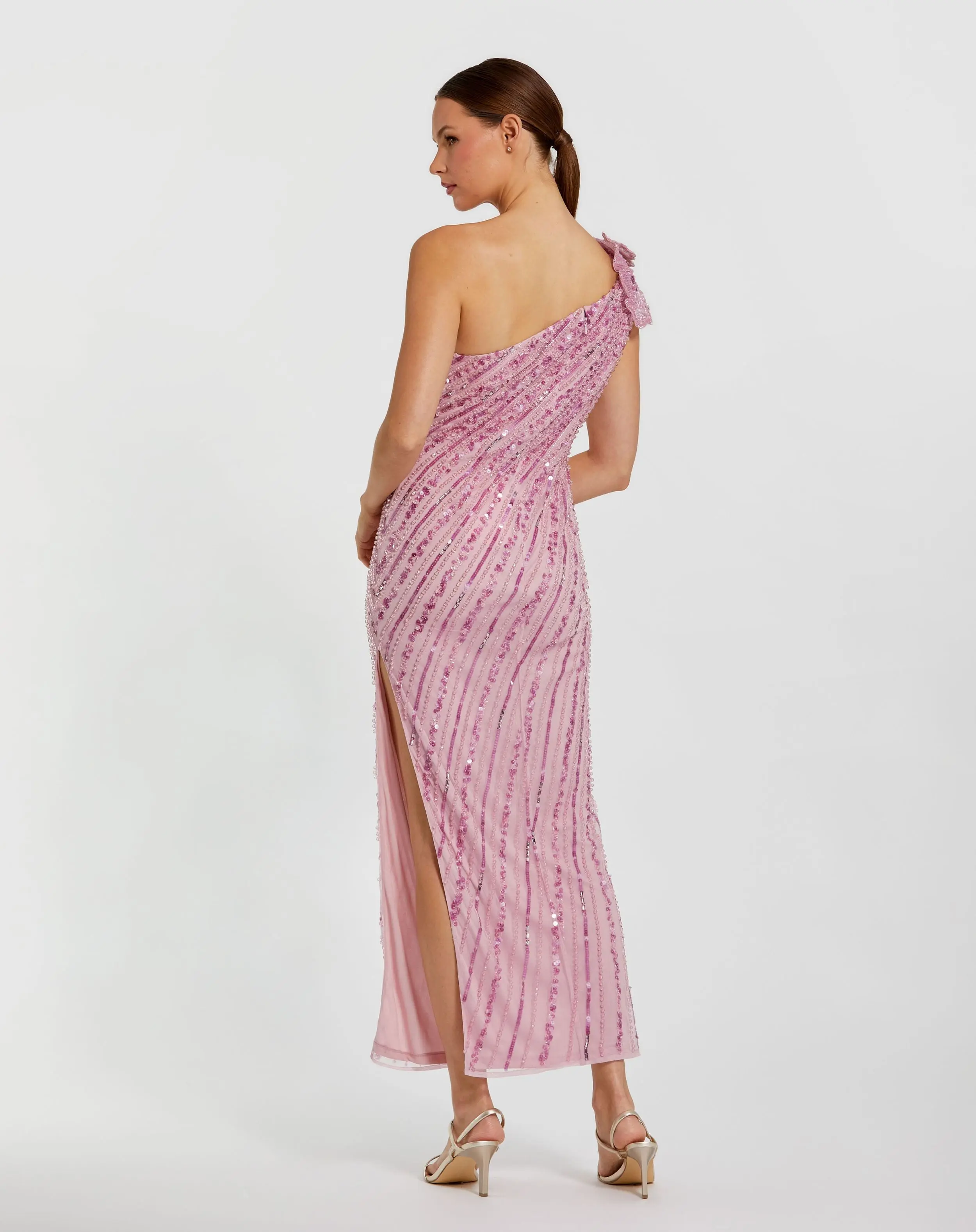 Pink One Shoulder Beaded Mesh Dress With Flower - Image 3