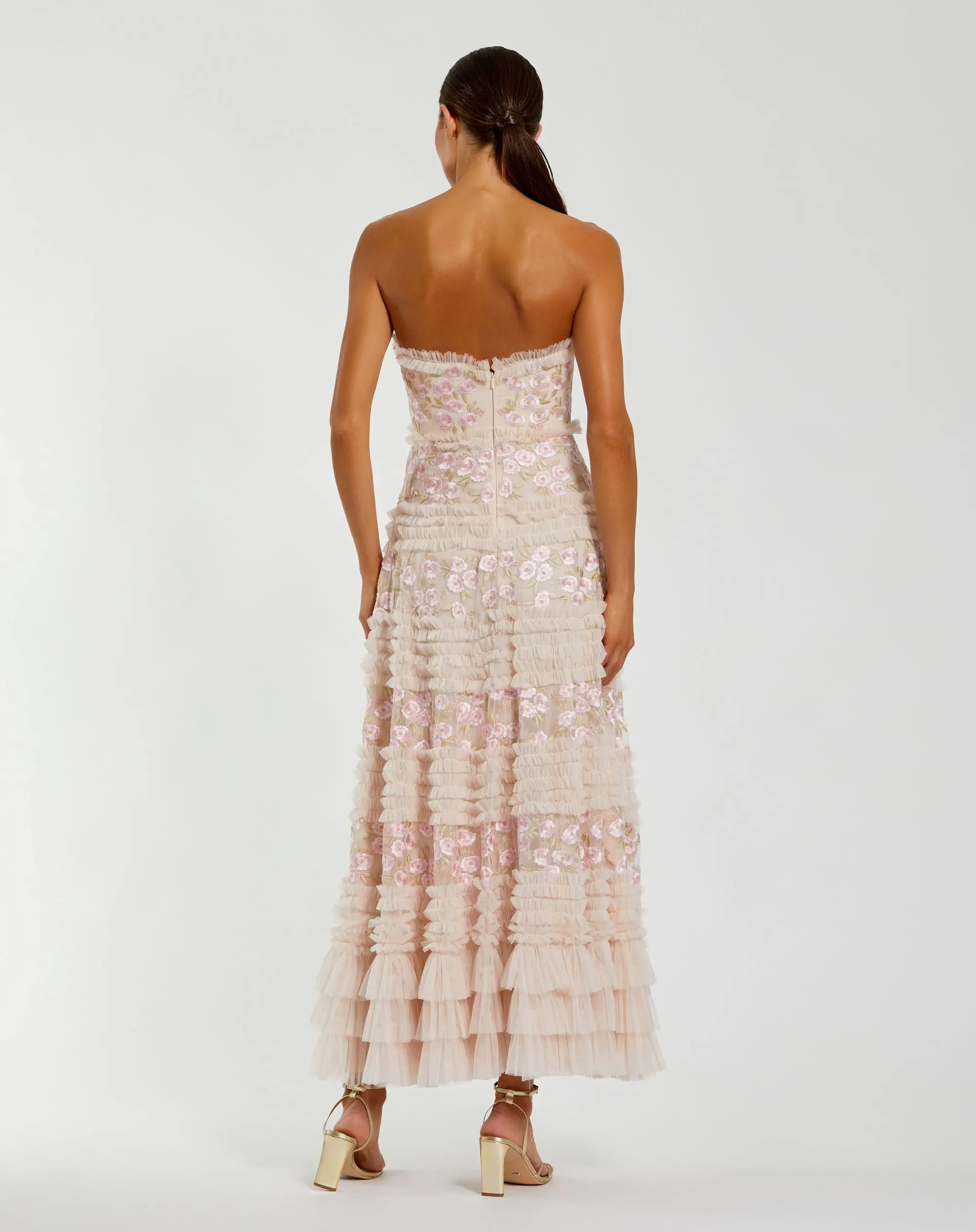 Pink Floral Embroidered Strapless Ruffle Maxi Dress - Image 3