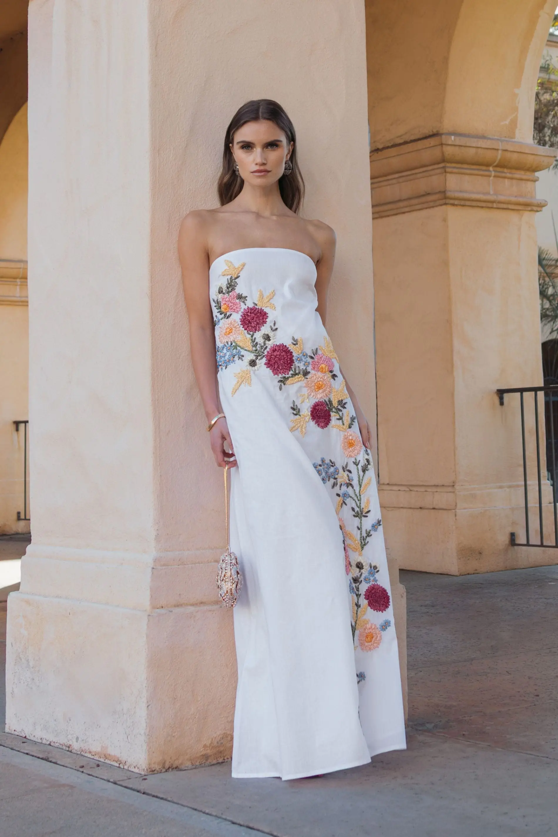 White Strapless Floral Embroidered Linen Gown - Image 5