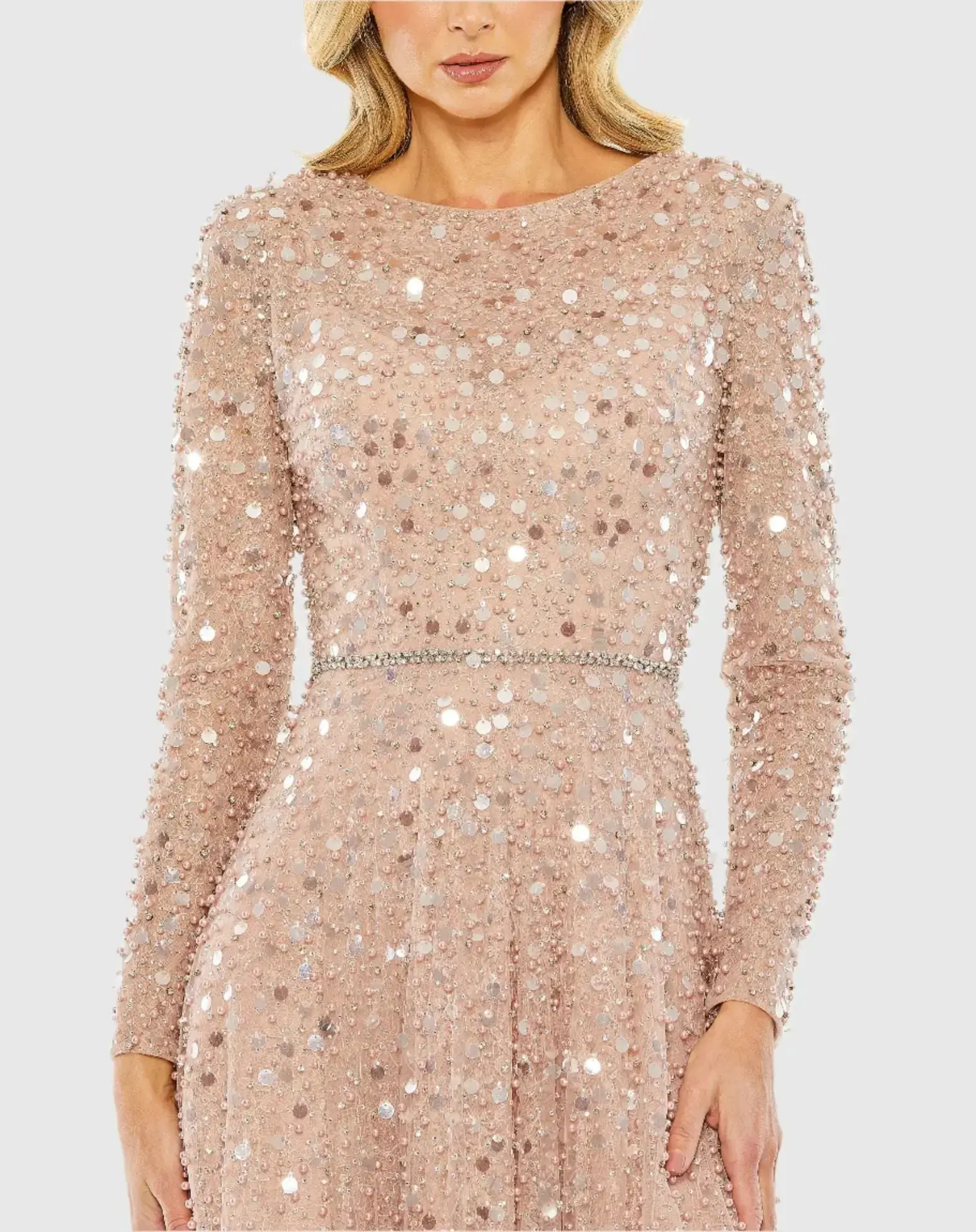 Petite Pink Disc Embellished Sequin Gown with Feather Detail - Image 2