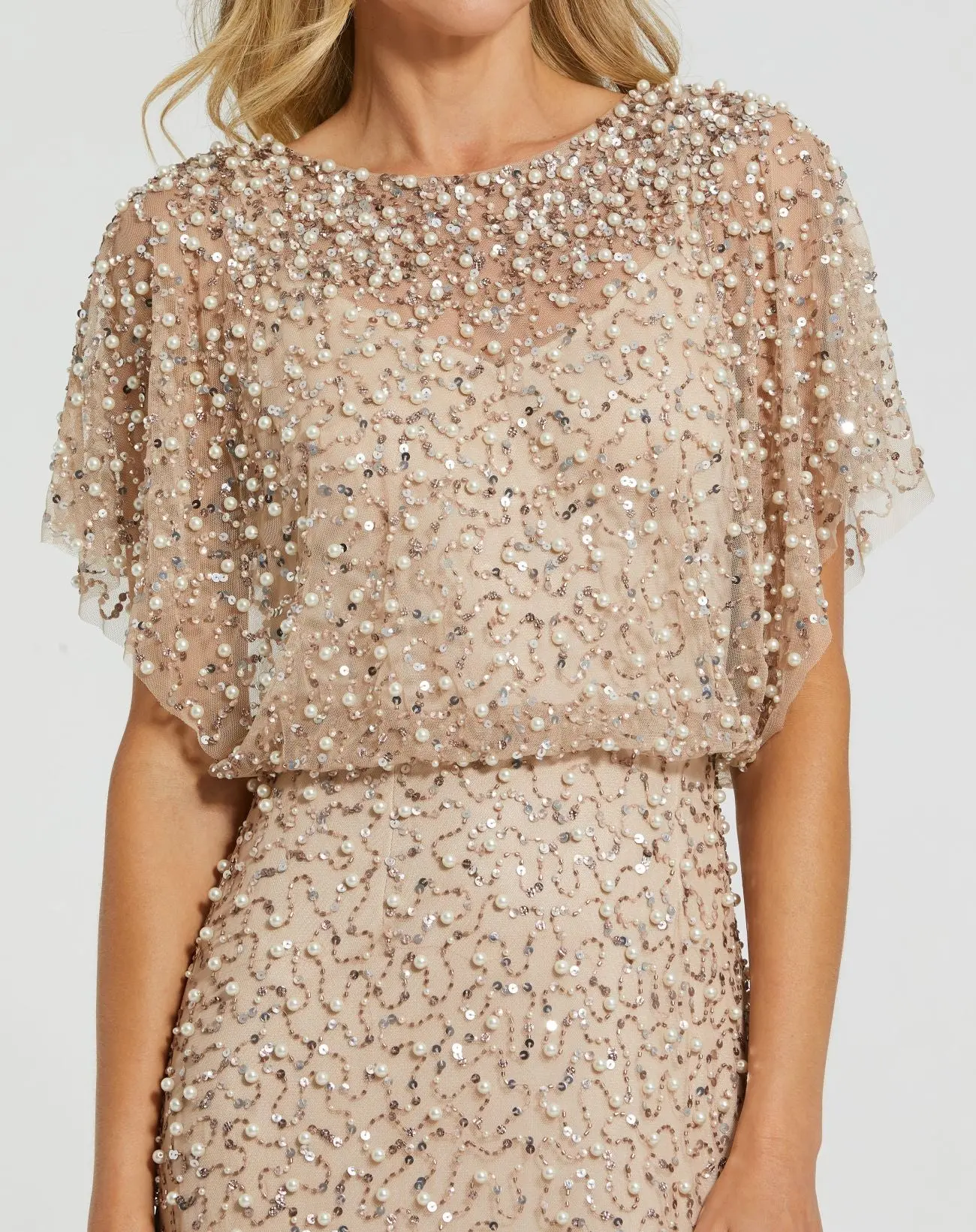 Petite Beige High Neck Short Sleeve Embellished Gown - Image 2