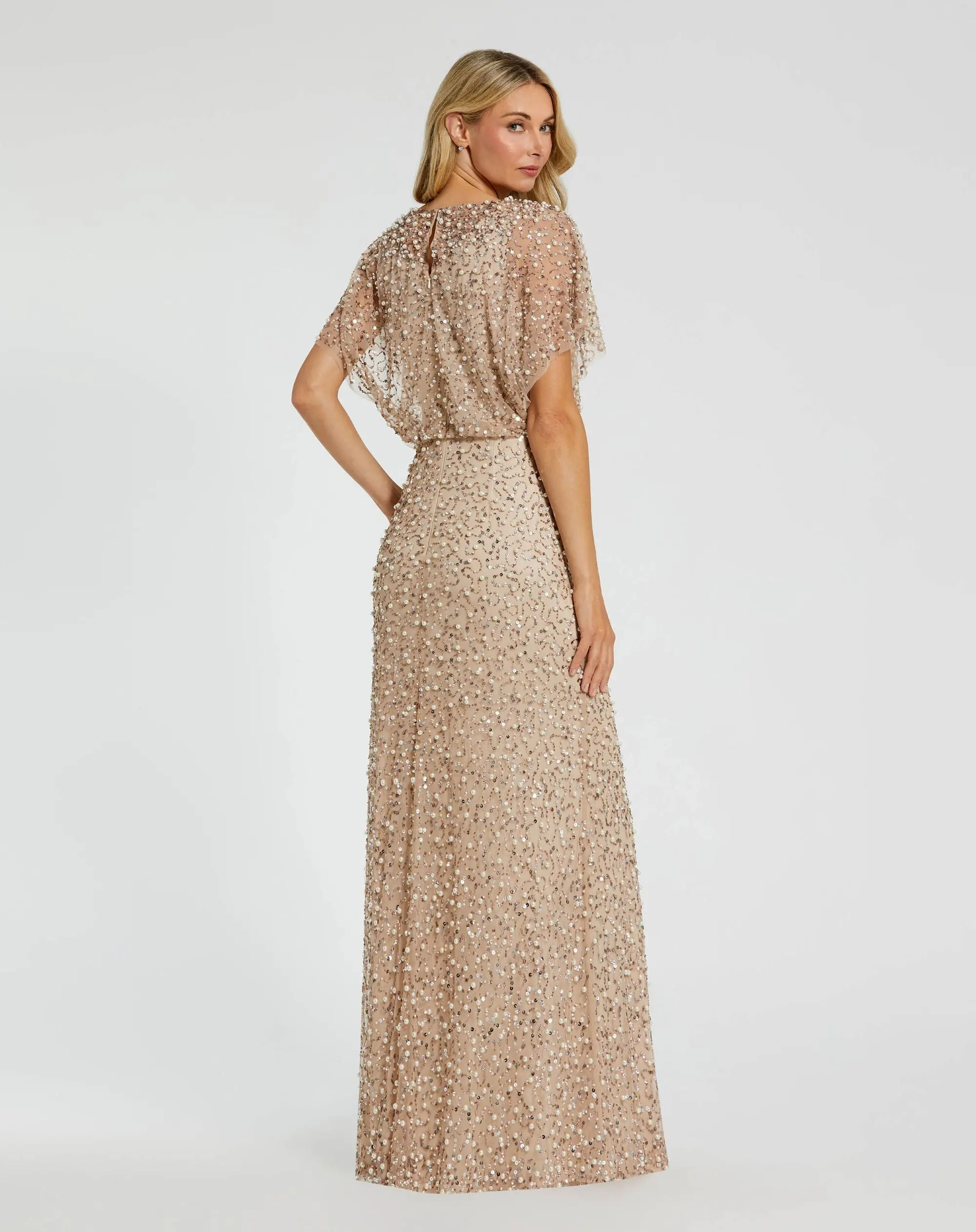Petite Beige High Neck Short Sleeve Embellished Gown - Image 3