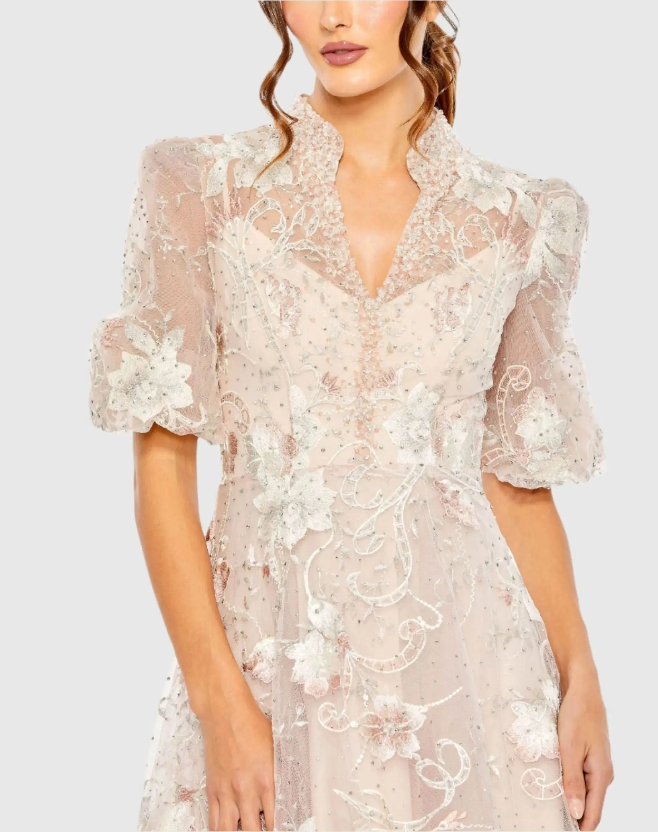 Petite Pink Queen Anne Puff Sleeve A-Line Gown - Image 2